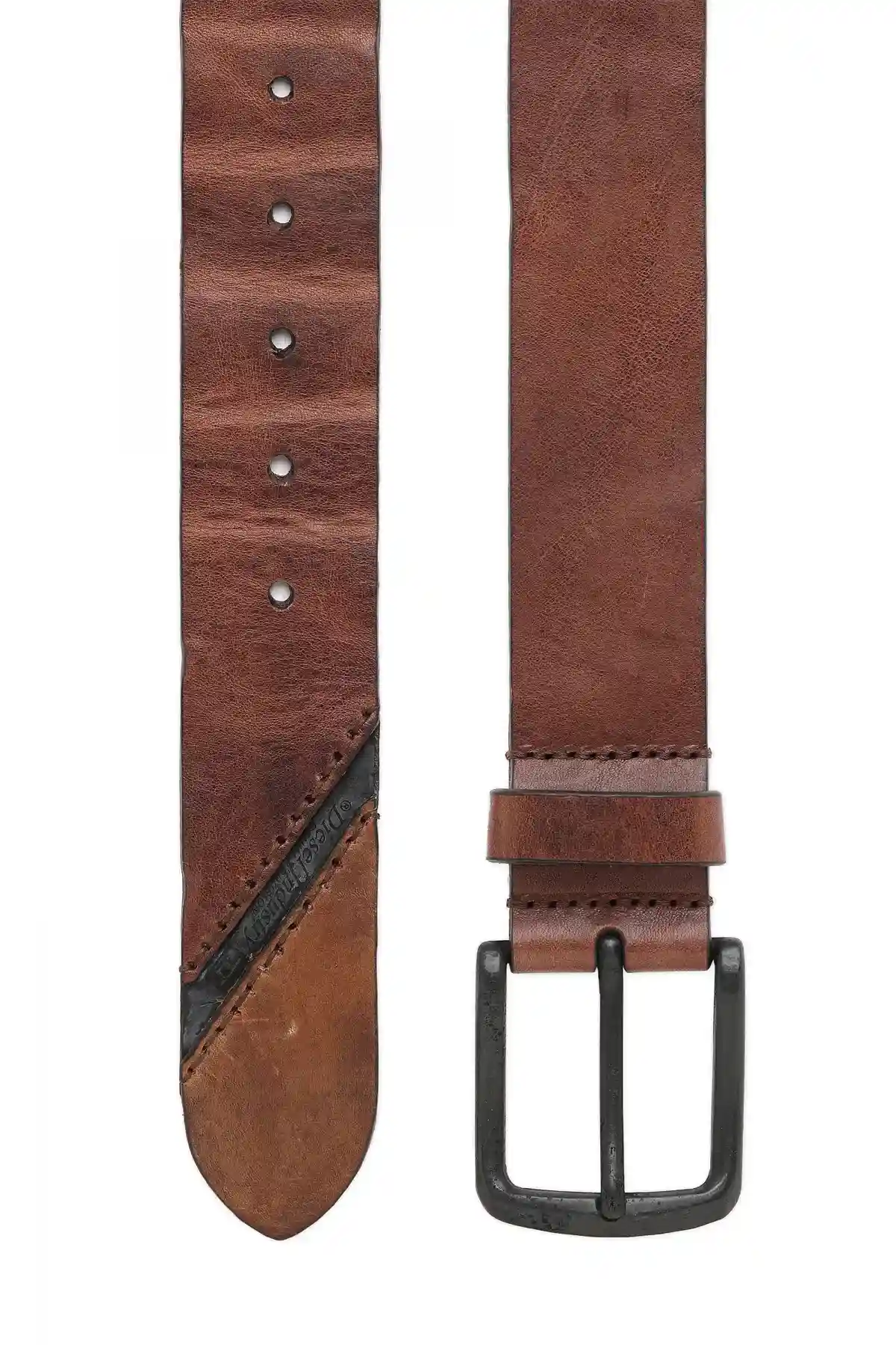Brown Treated leather belt with diesel logo