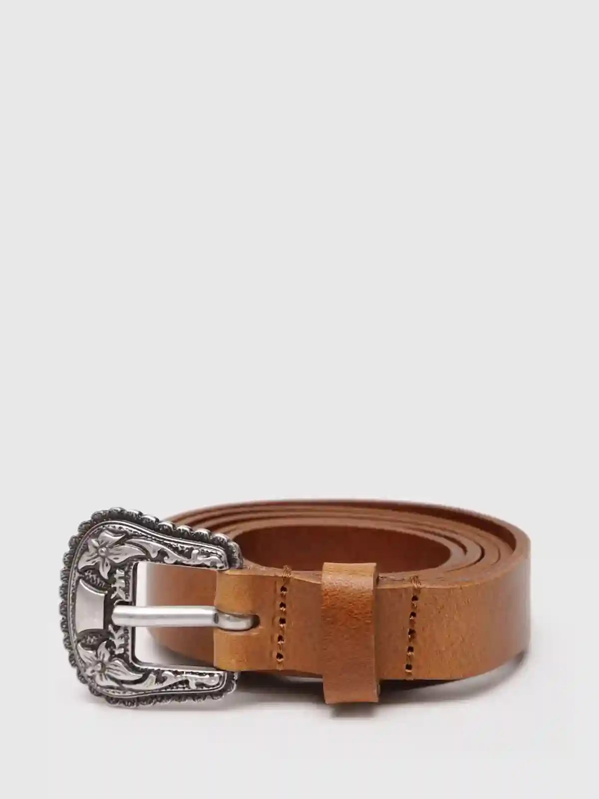 Brown Leather belt with floral embossed hardware