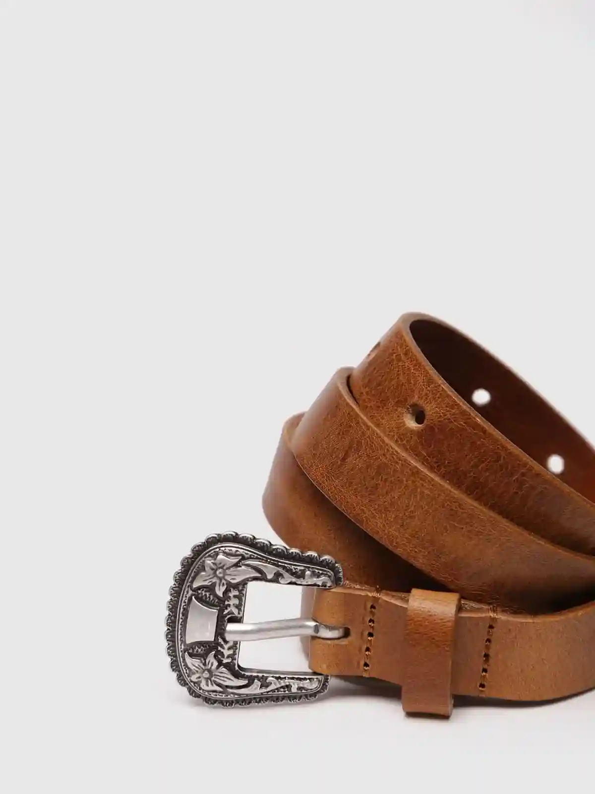Brown Leather belt with floral embossed hardware