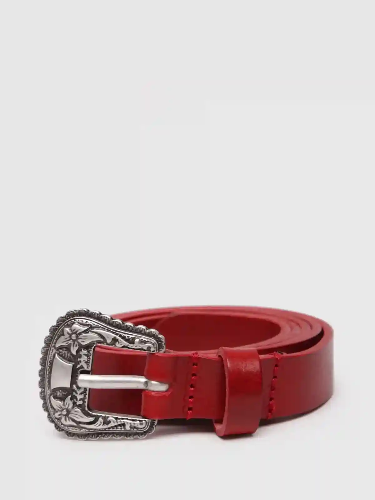 Red Leather belt with floral embossed hardware