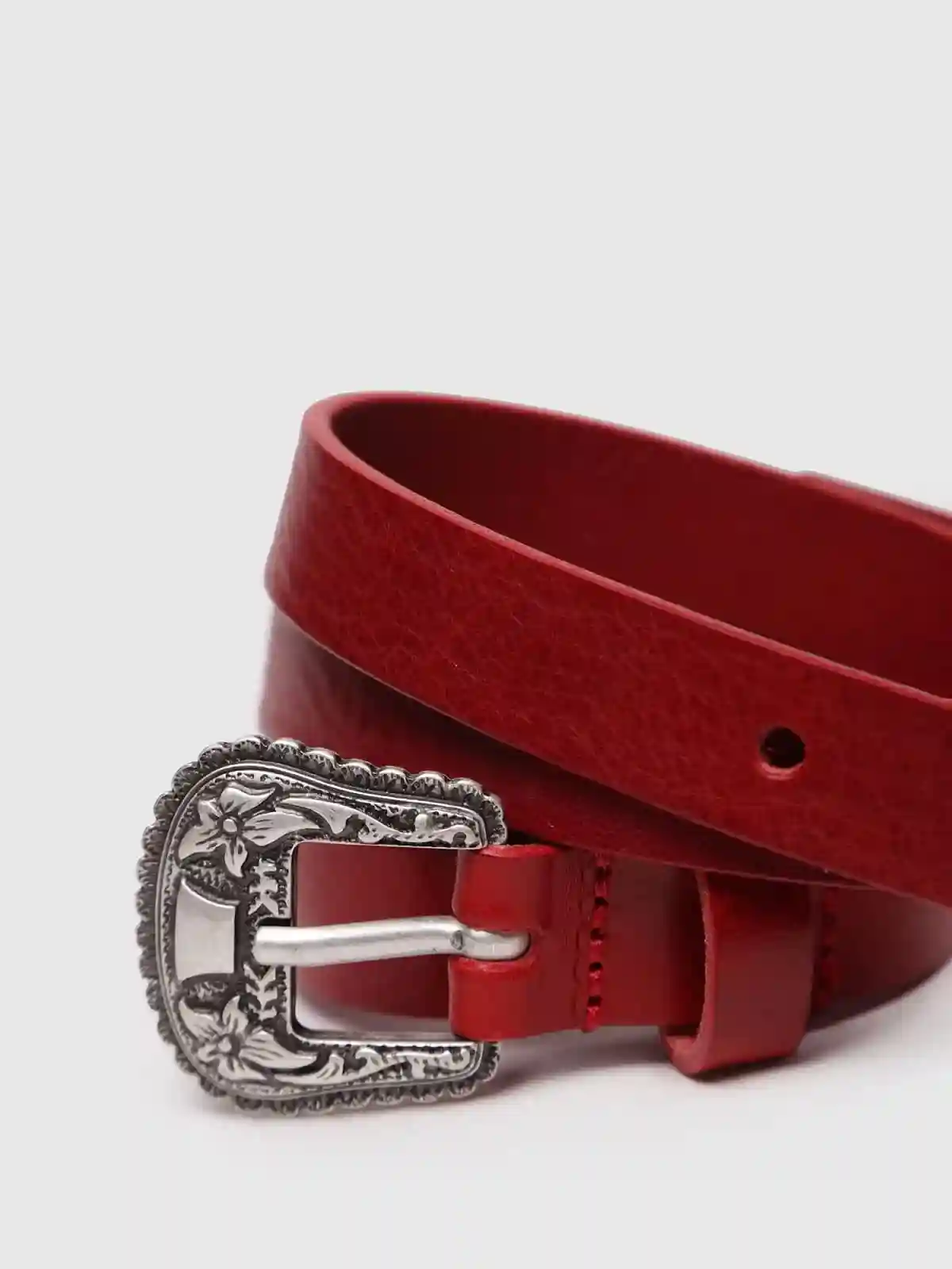 Red Leather belt with floral embossed hardware