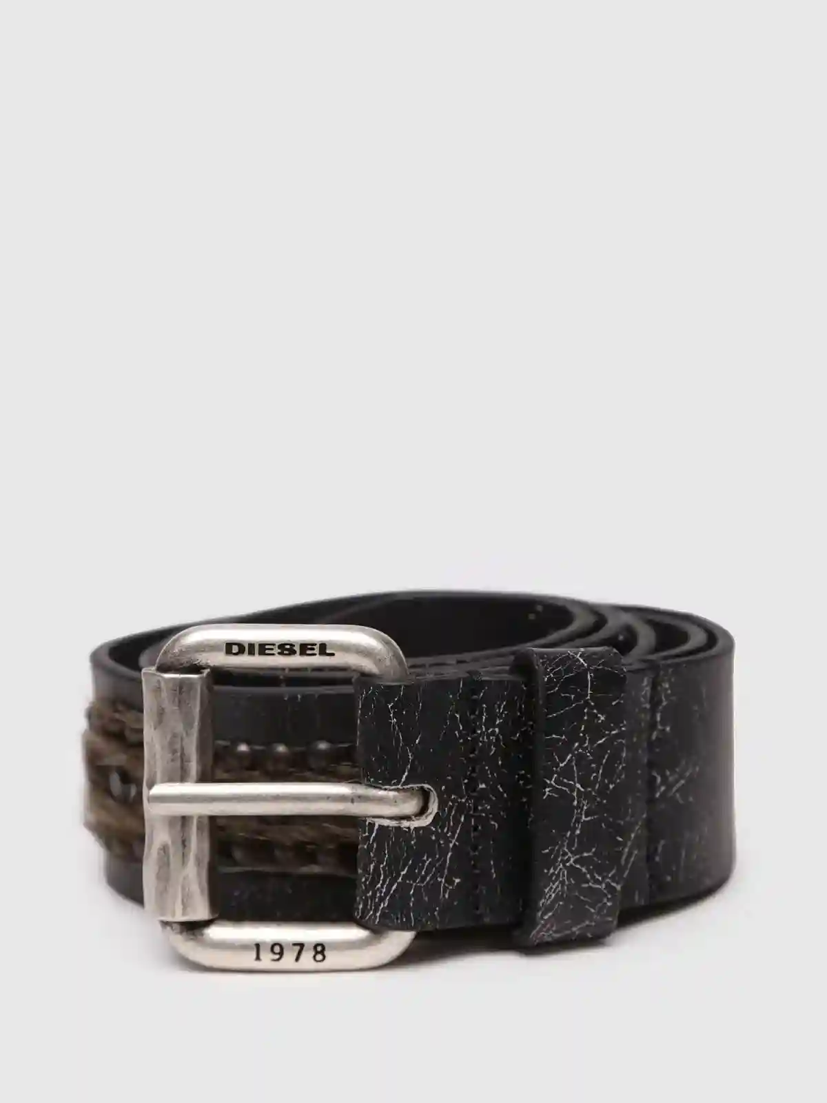 Black Vintage belt with studs and faux fur patch