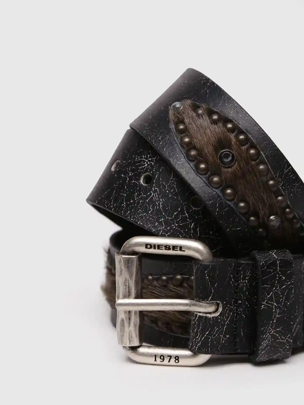 Black Vintage belt with studs and faux fur patch