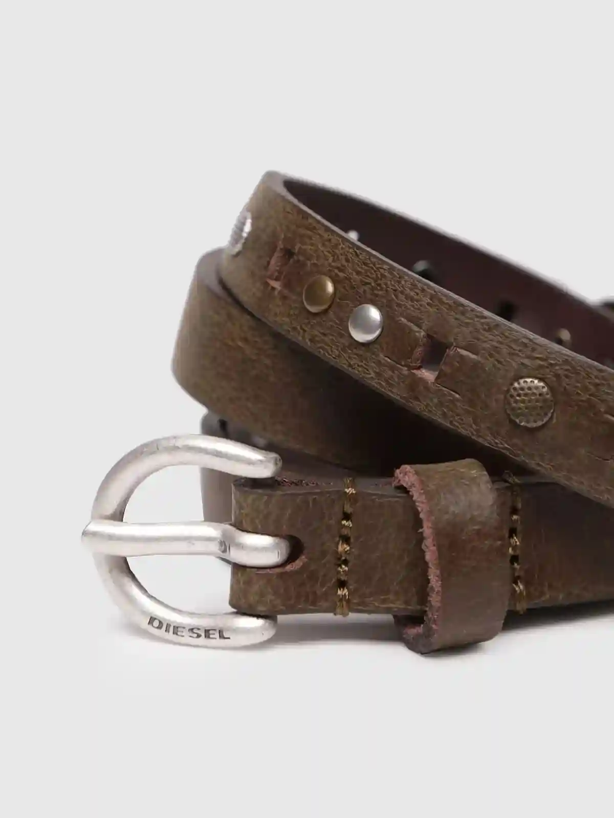 Brown Long thin belt with rounded metal buckle