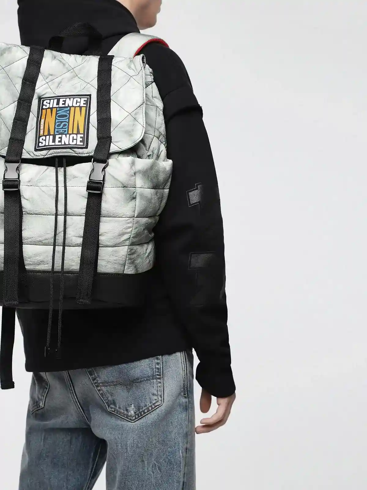Grey Backpack with drawstring and flap top