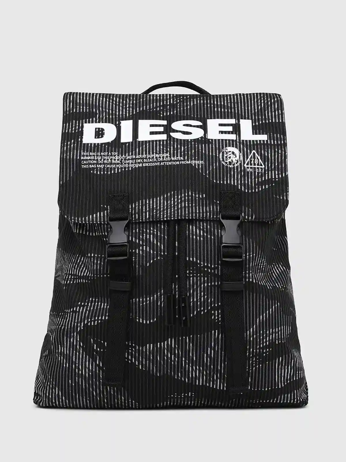 Black Buckled backpack in striped camo denim