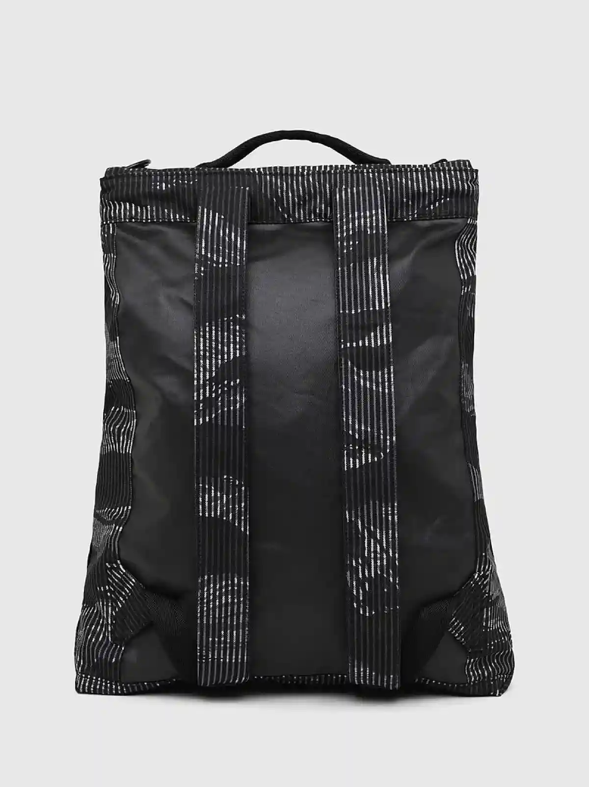 Black Buckled backpack in striped camo denim