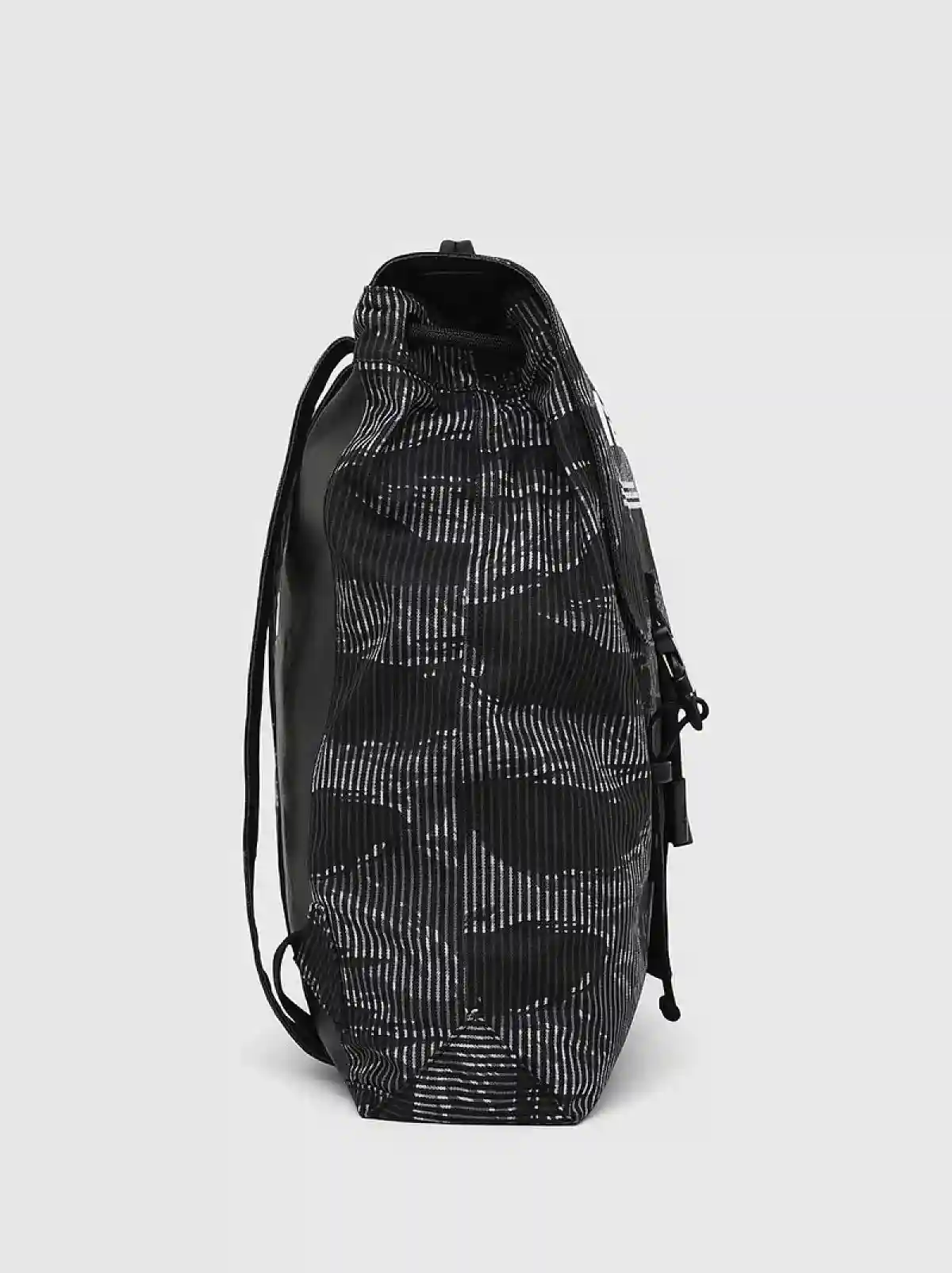 Black Buckled backpack in striped camo denim