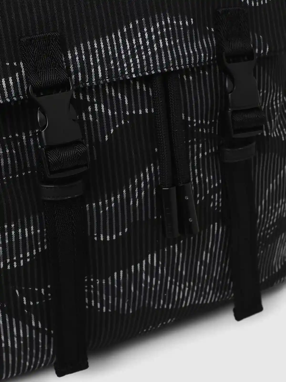 Black Buckled backpack in striped camo denim