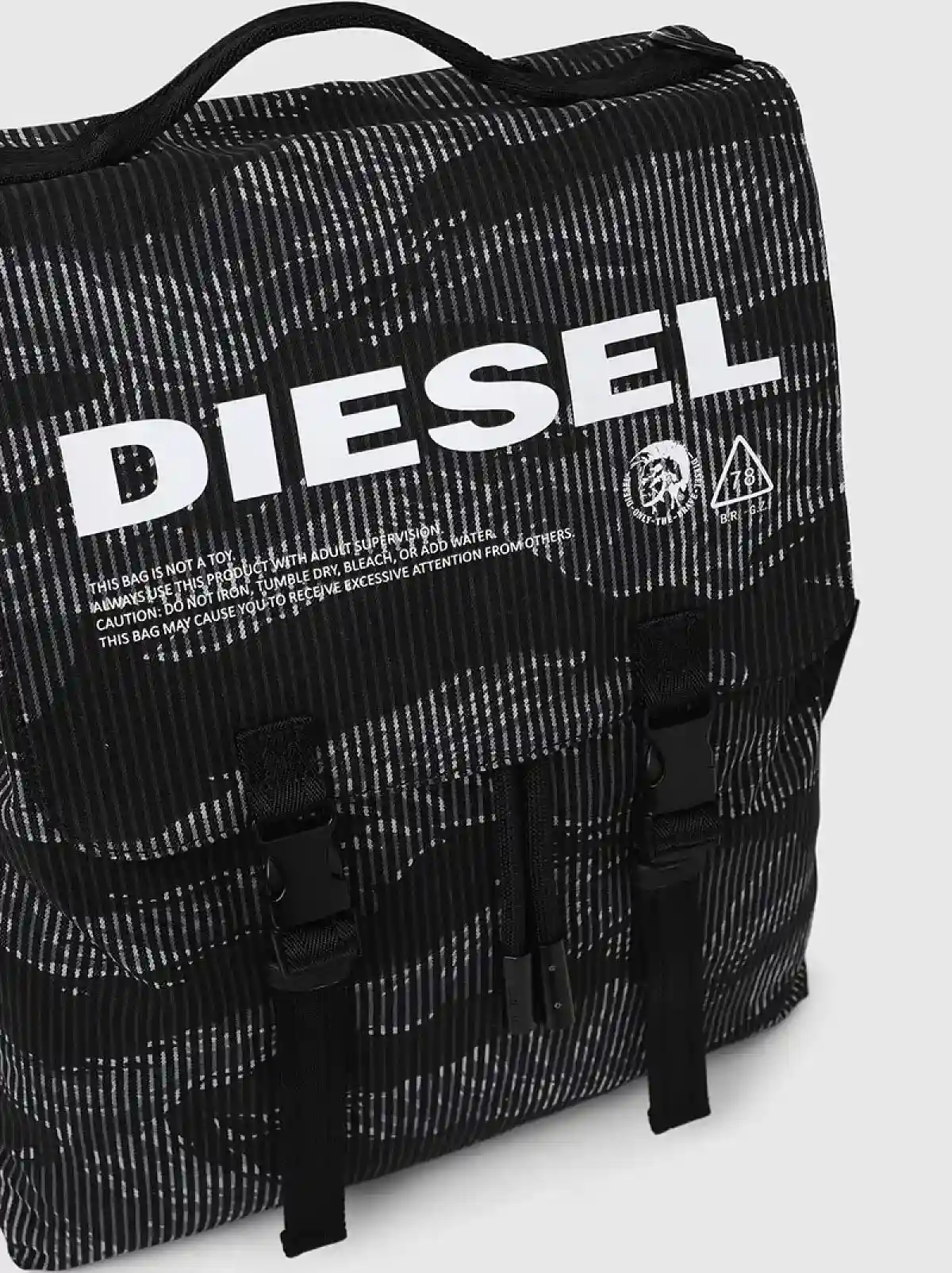 Black Buckled backpack in striped camo denim