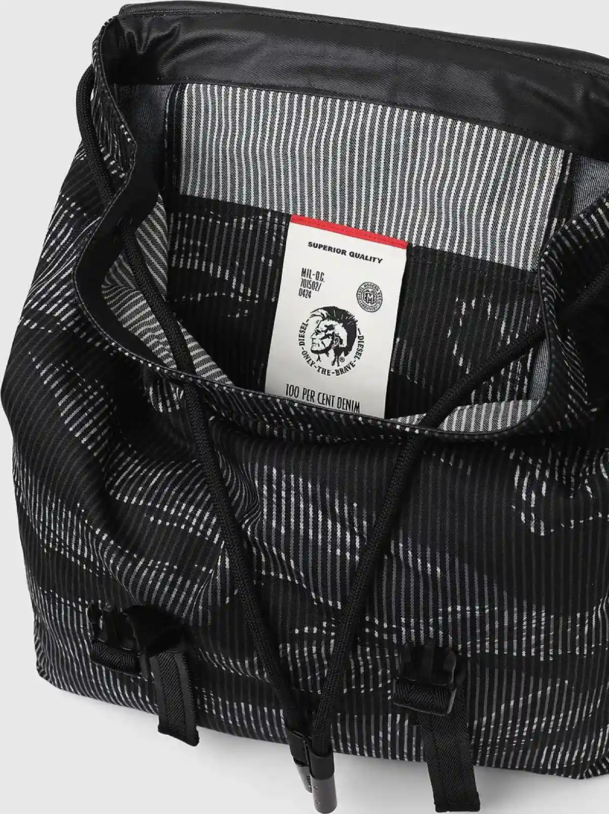 Black Buckled backpack in striped camo denim