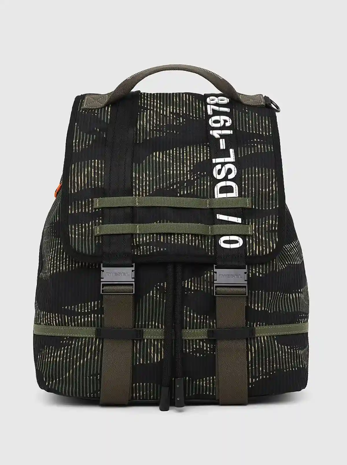 Green Buckled backpack in striped camo denim