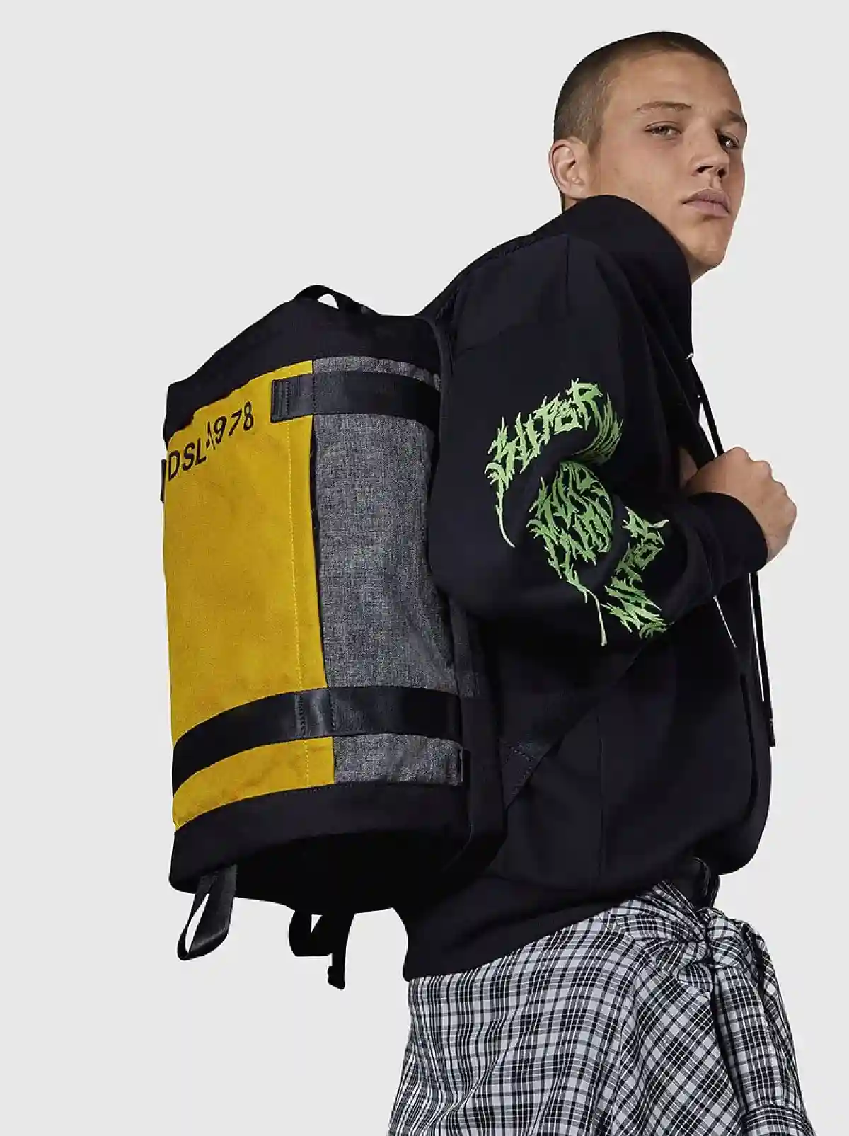 Yellow Cylindrical backpack with print
