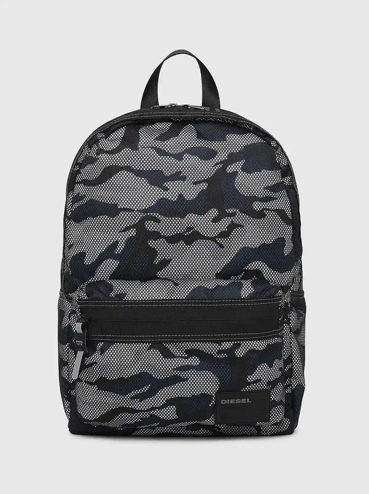 Grey Camo-print backpack with mesh overlay