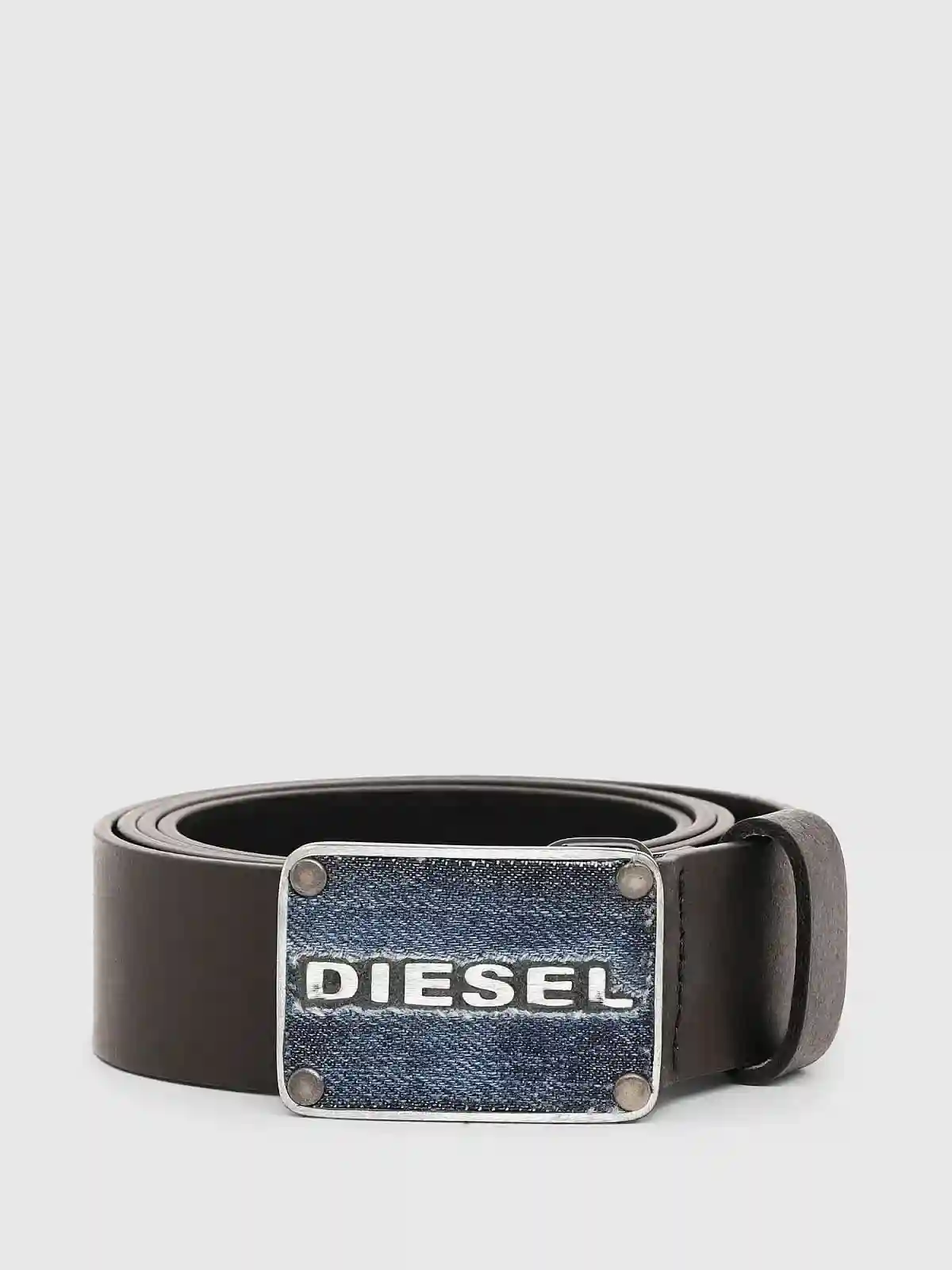 Black Leather belt with denim flat buckle