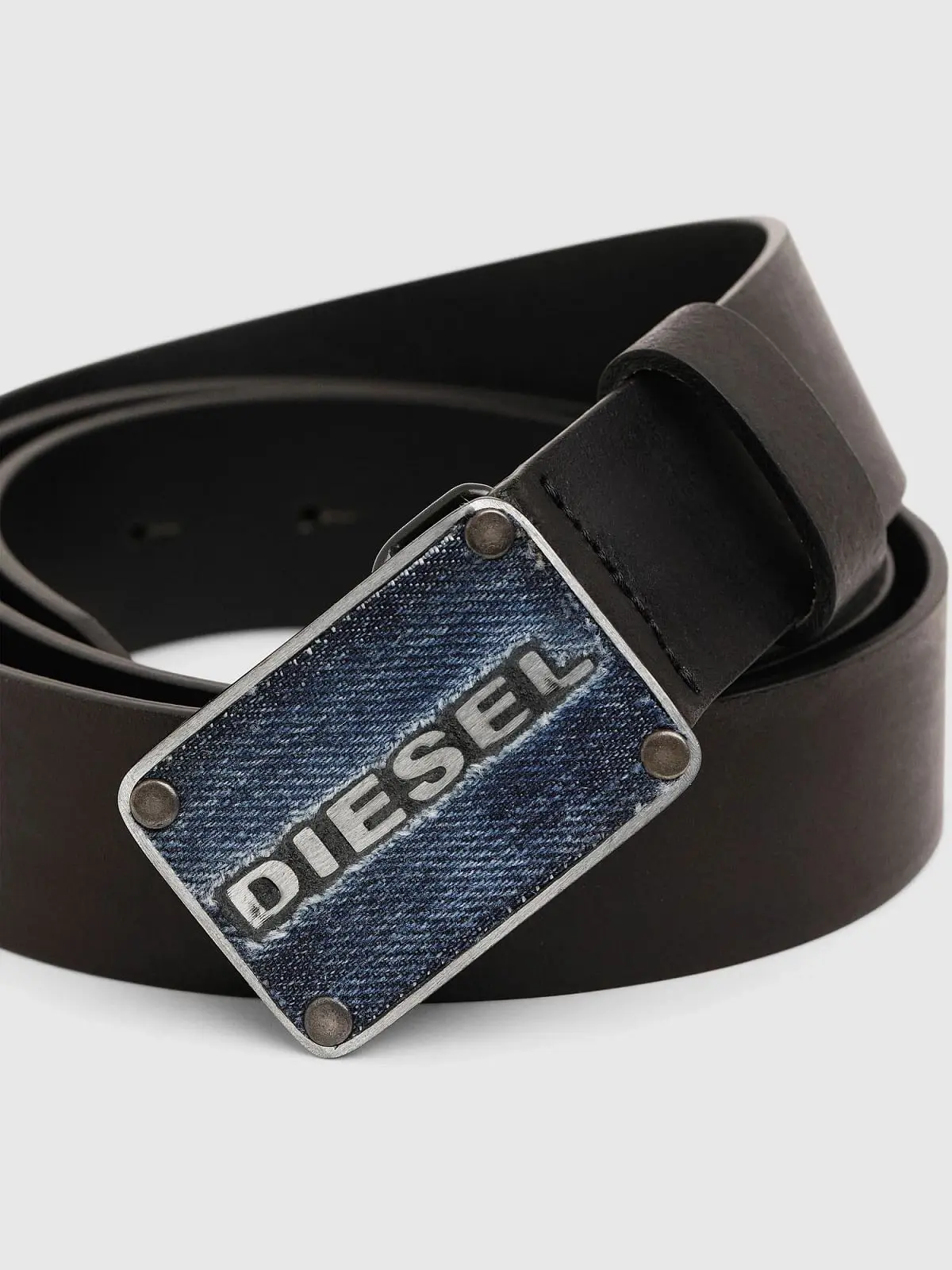 Black Leather belt with denim flat buckle