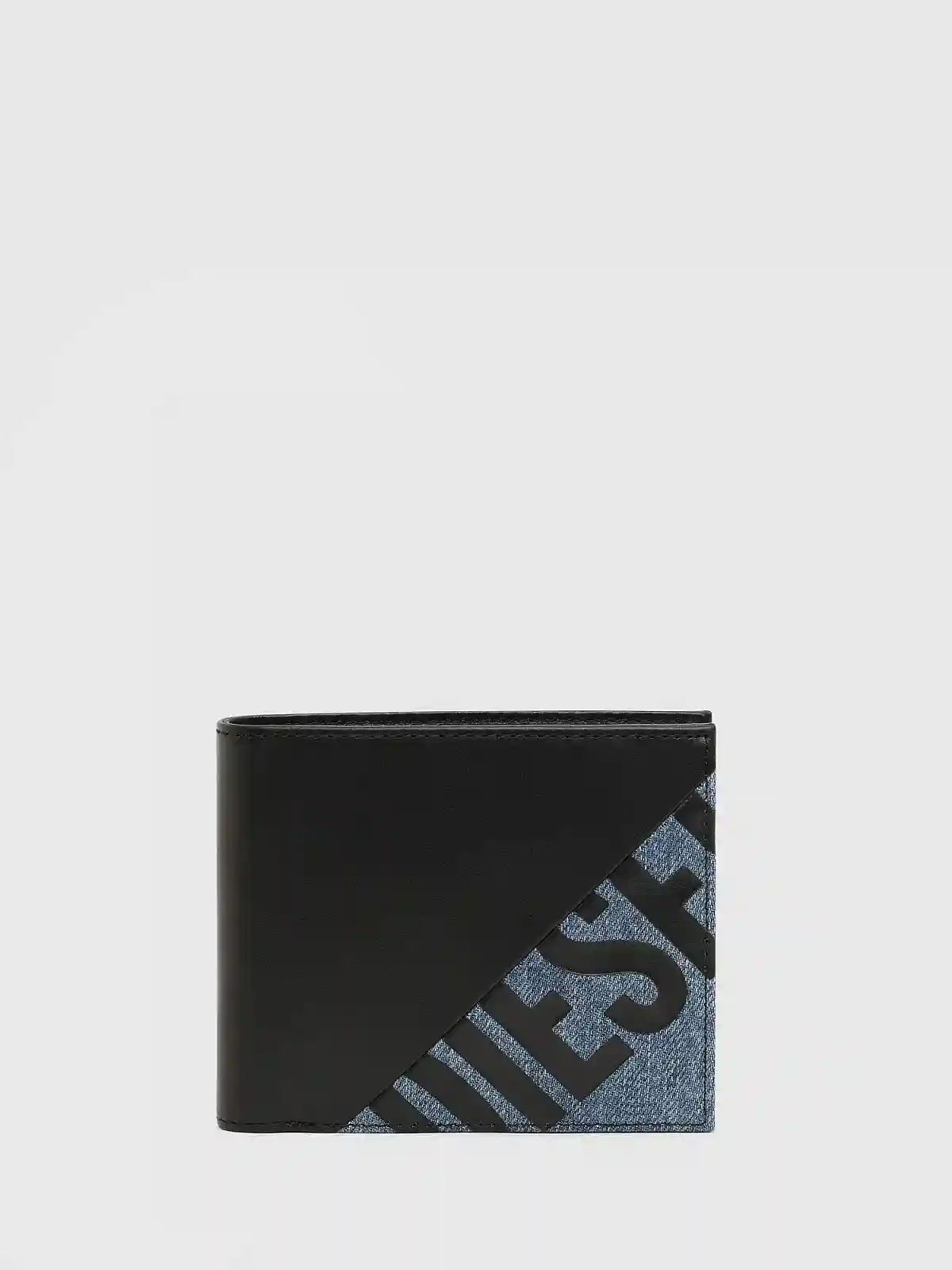 Black Bi-fold wallet in leather and denim