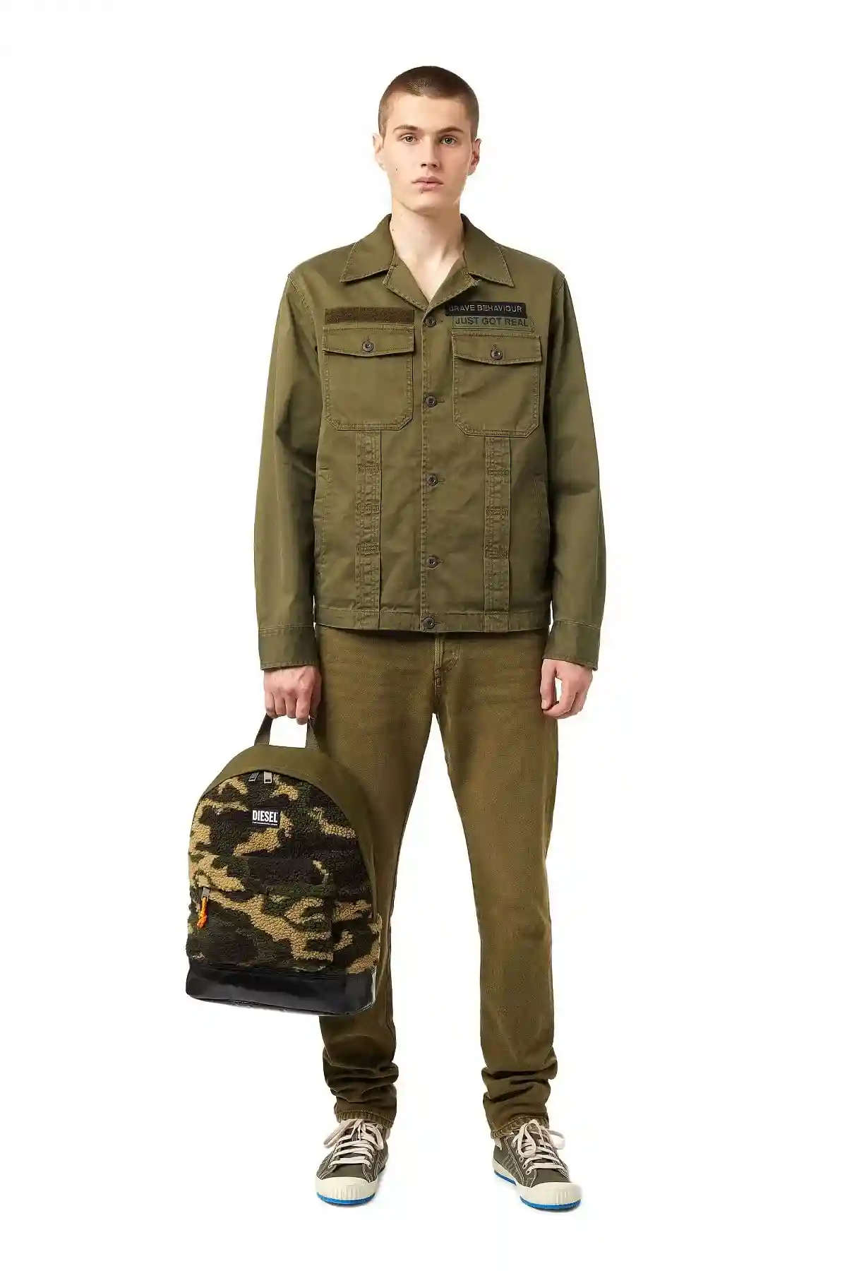 Green Backpack in camouflage faux shearling