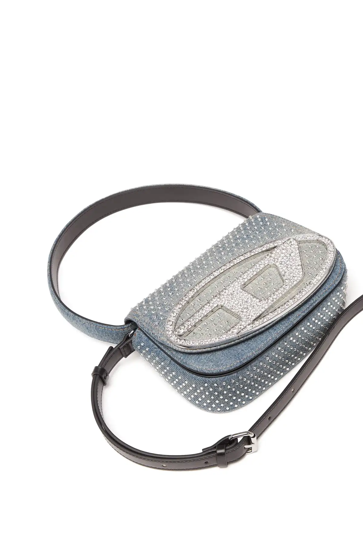 Blue 1DR-Iconic shoulder bag in denim and crystals