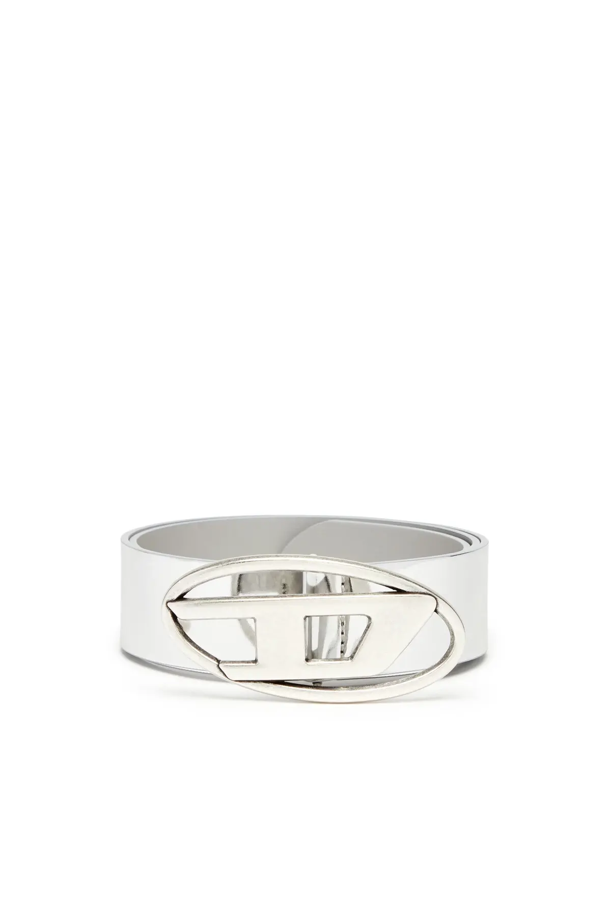 Silver Metallic belt with burnished logo buckle