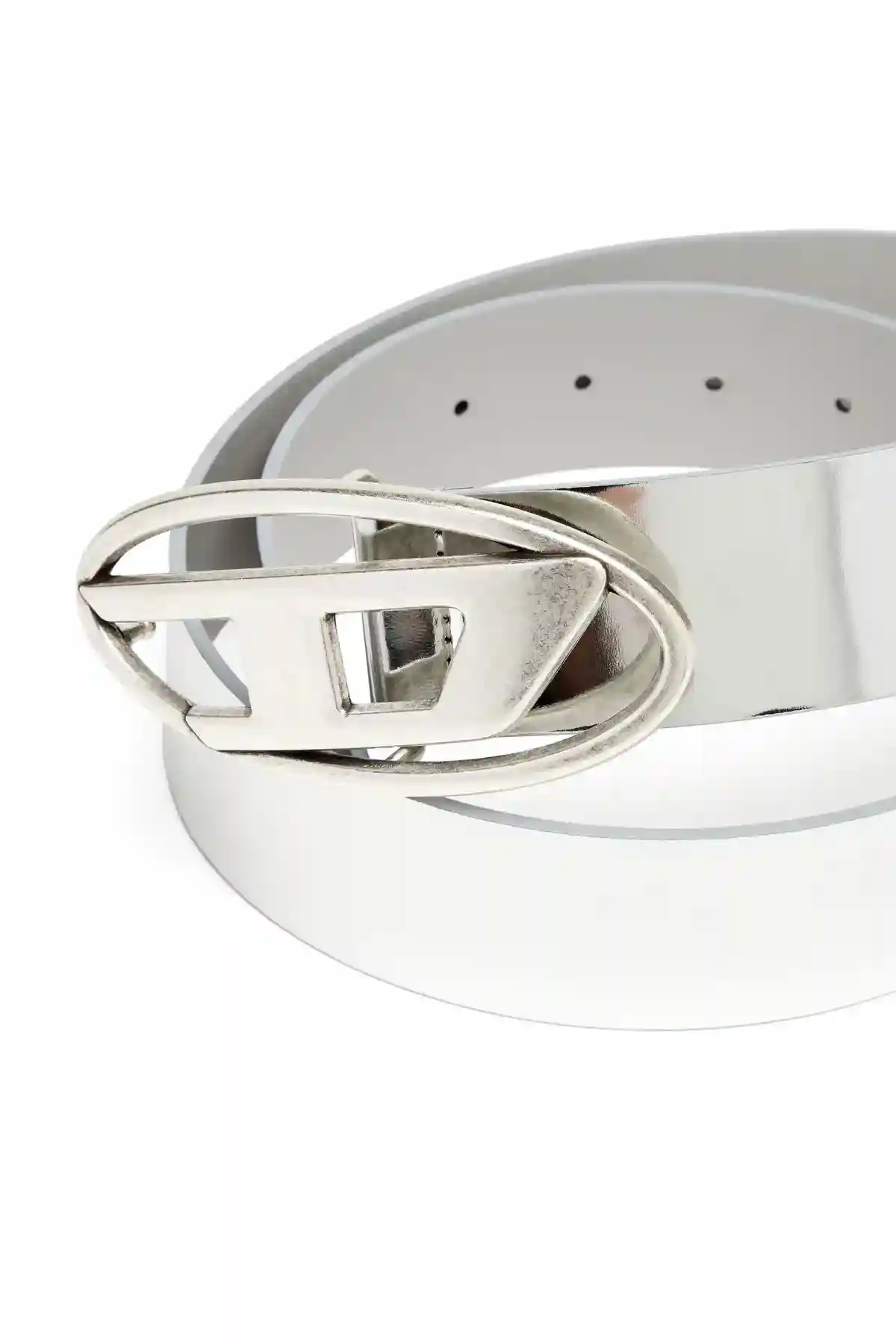 Silver Metallic belt with burnished logo buckle