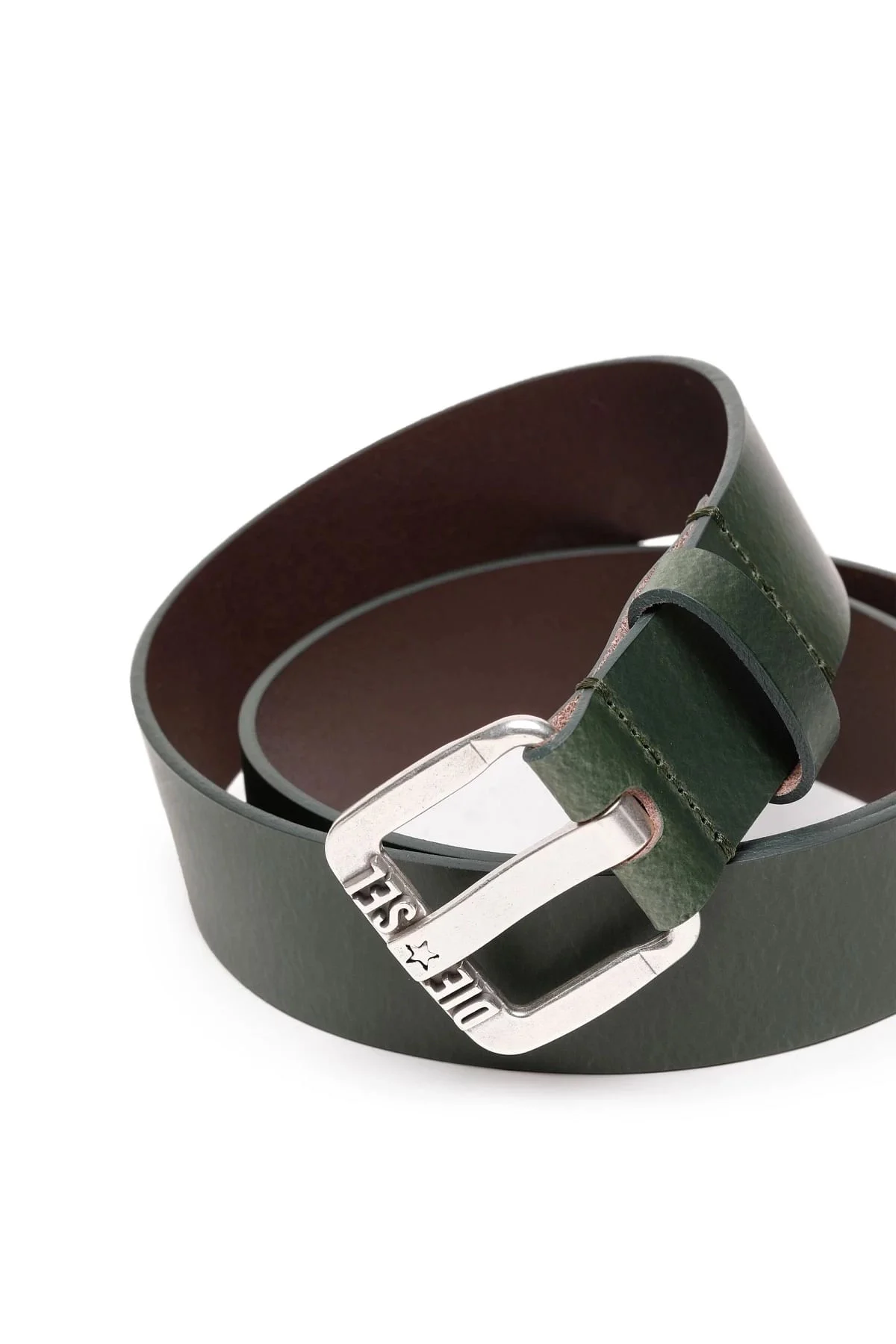 Green Leather belt with metal star logo buckle