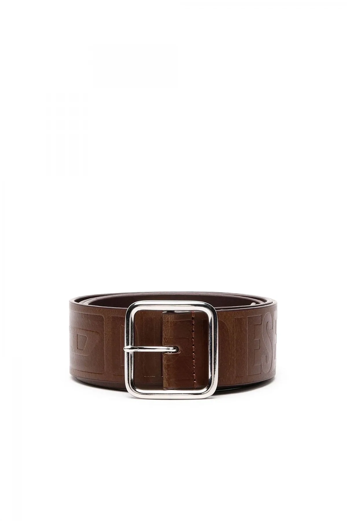 Brown Leather belt with all-over debossed logo