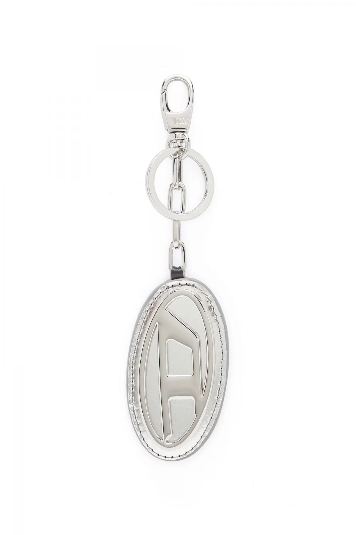 Silver Mirror-leather keyring with logo plaque