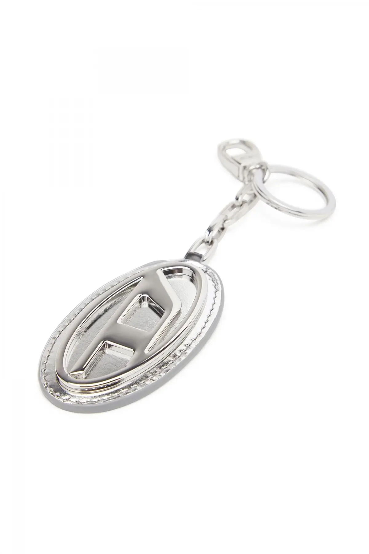 Silver Mirror-leather keyring with logo plaque