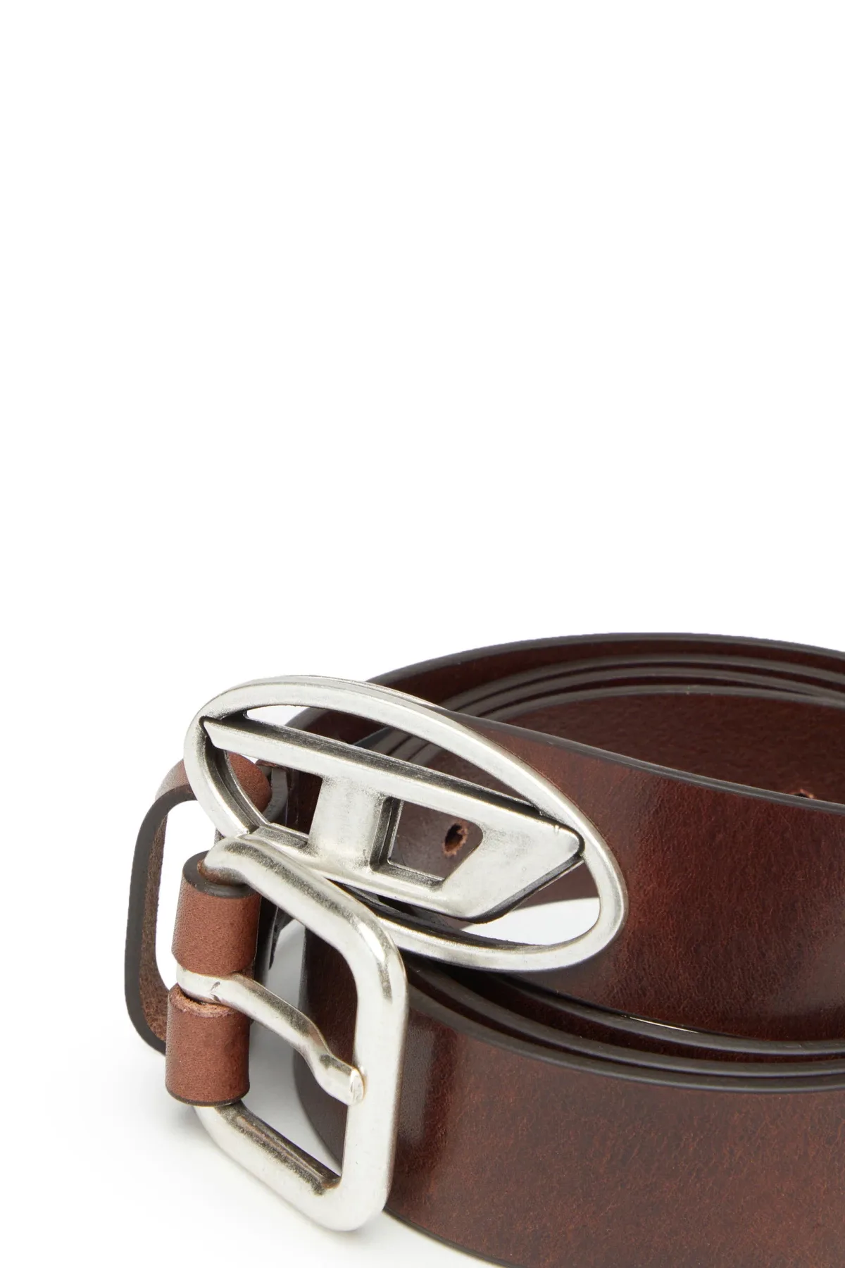 Brown Leather belt with oval D logo