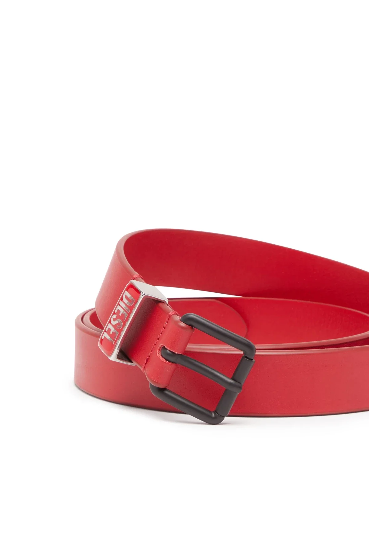 Red Leather belt with enamelled logo loop