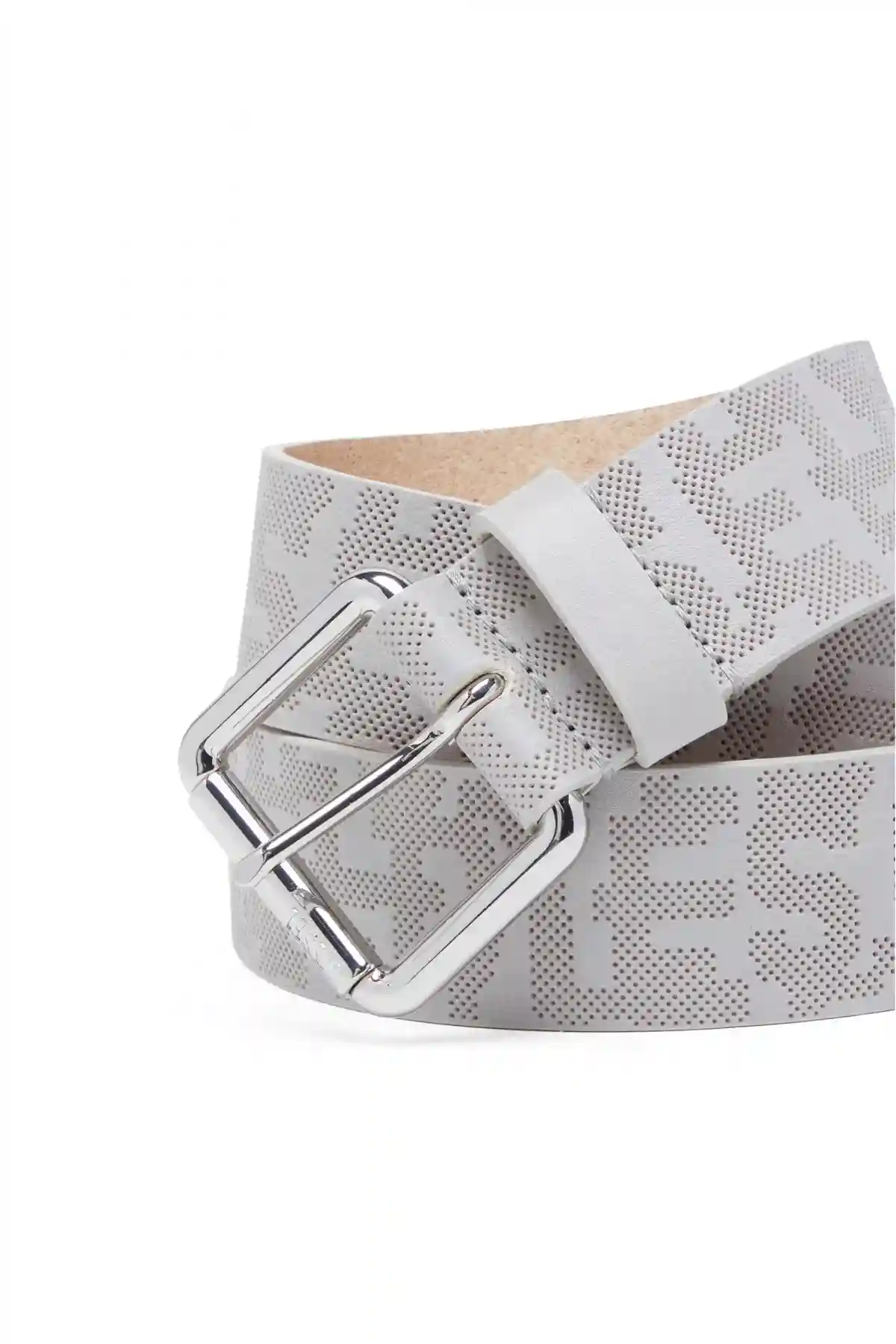 Grey Leather belt with perforated logo
