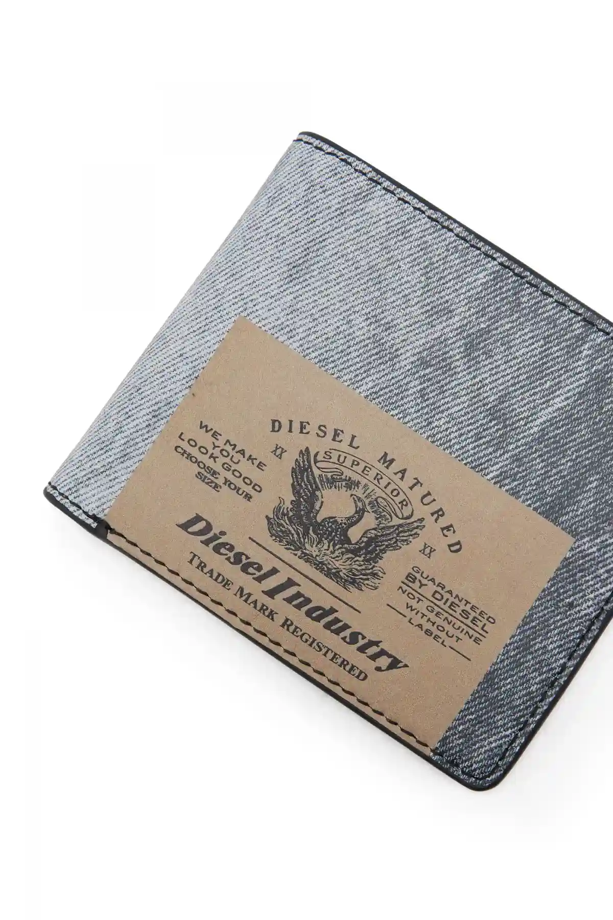 Blue Leather bi-fold wallet with denim print