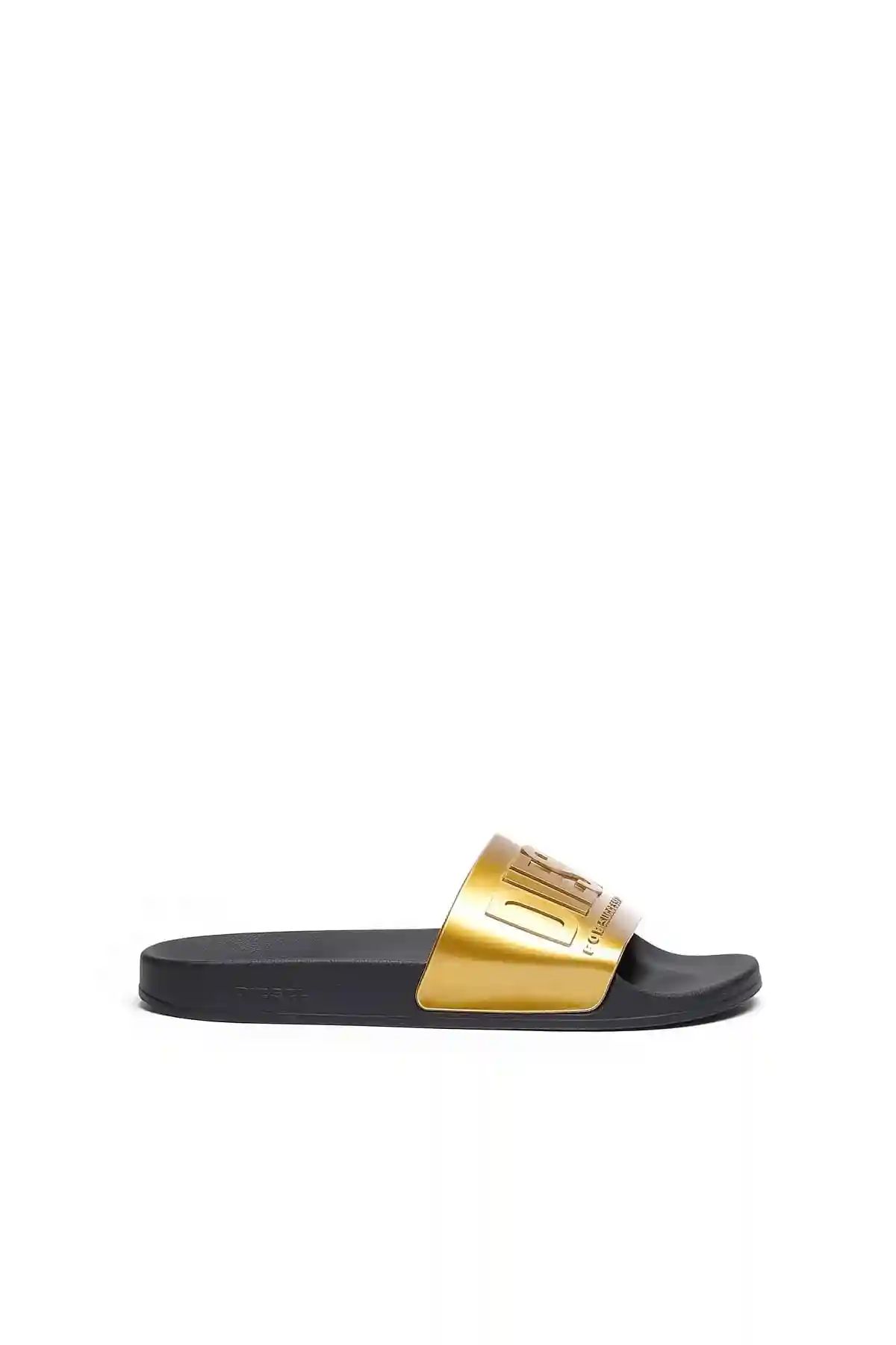 Black and Gold Metallic pool slides with embossed logo