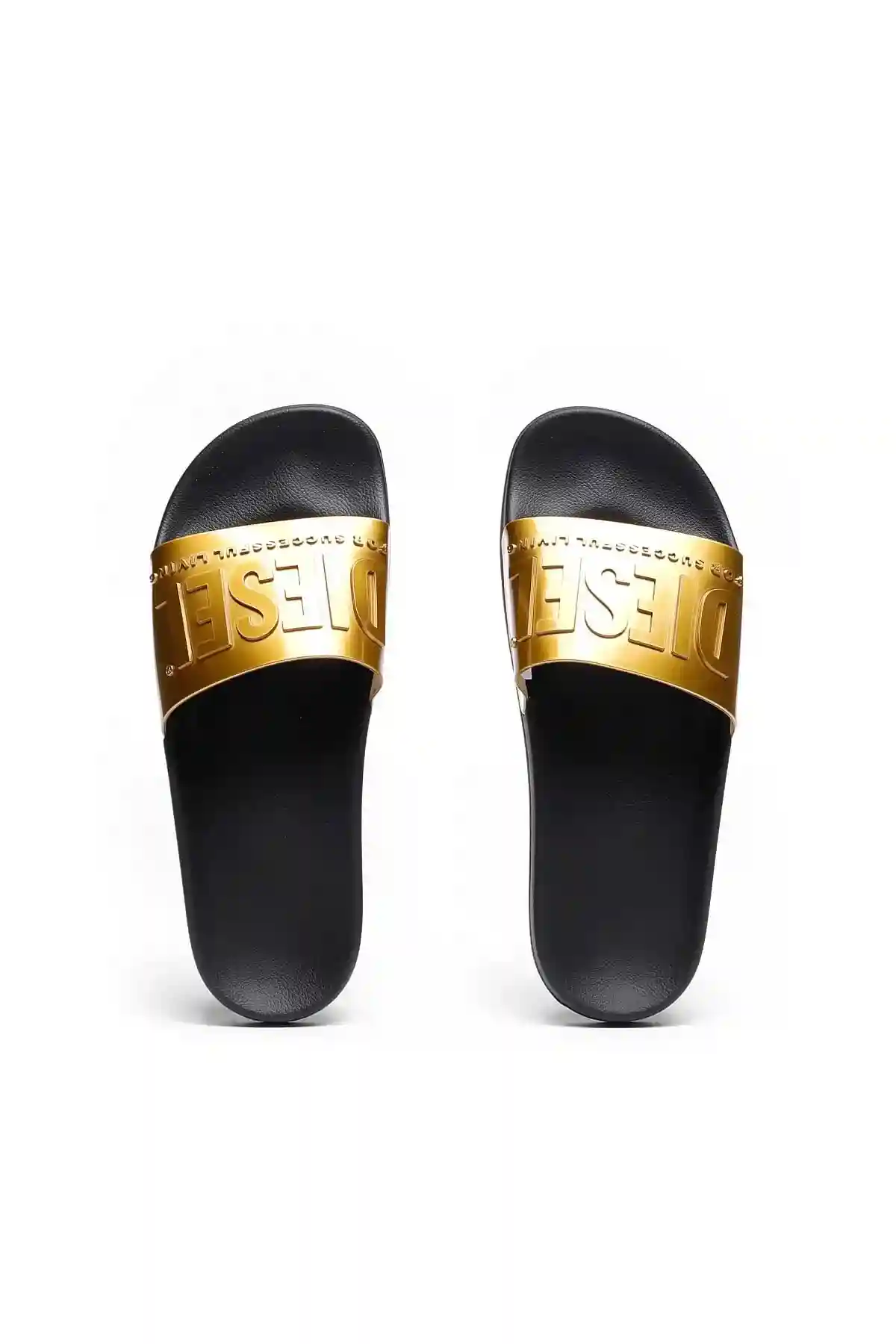 Black and Gold Metallic pool slides with embossed logo