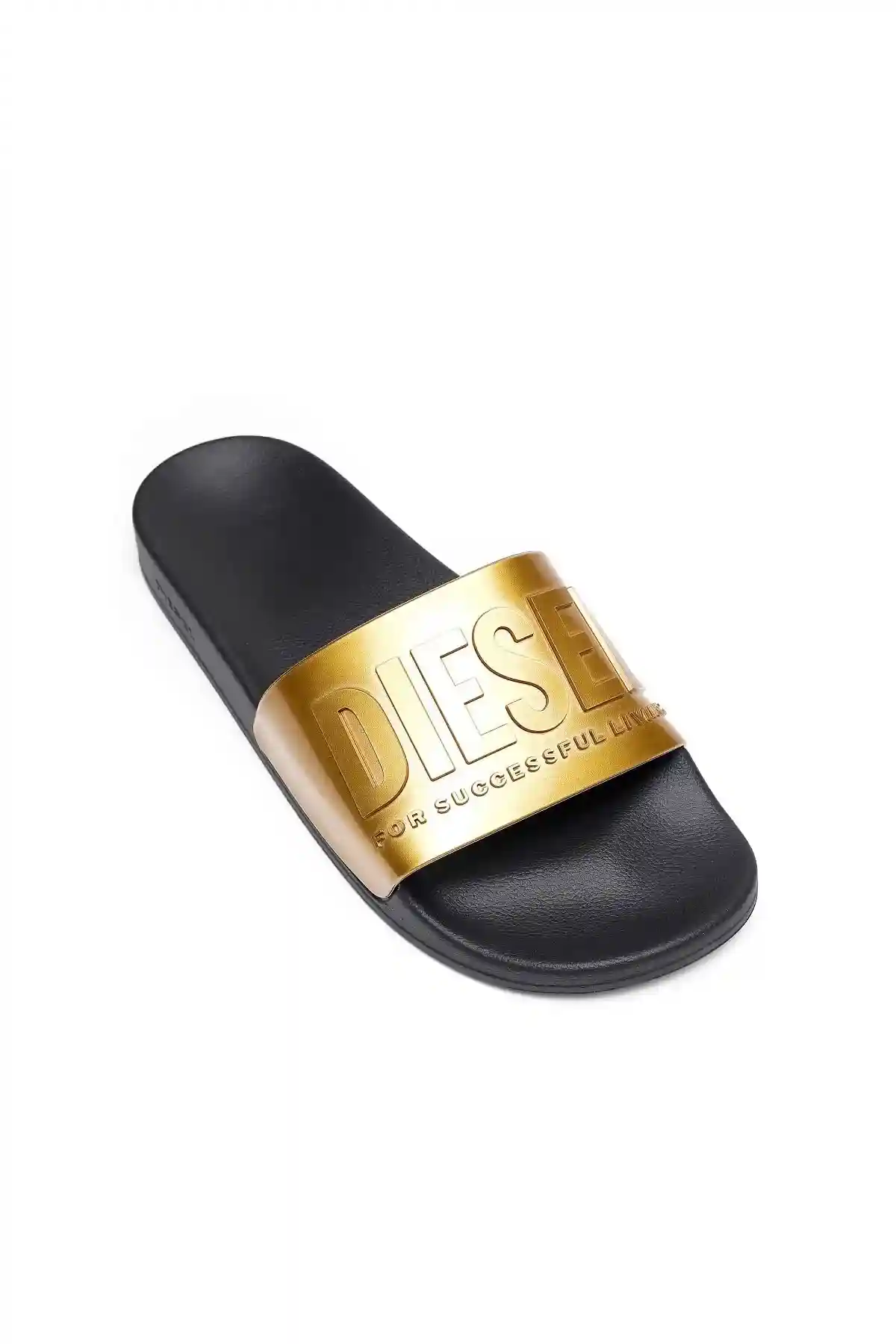 Black and Gold Metallic pool slides with embossed logo