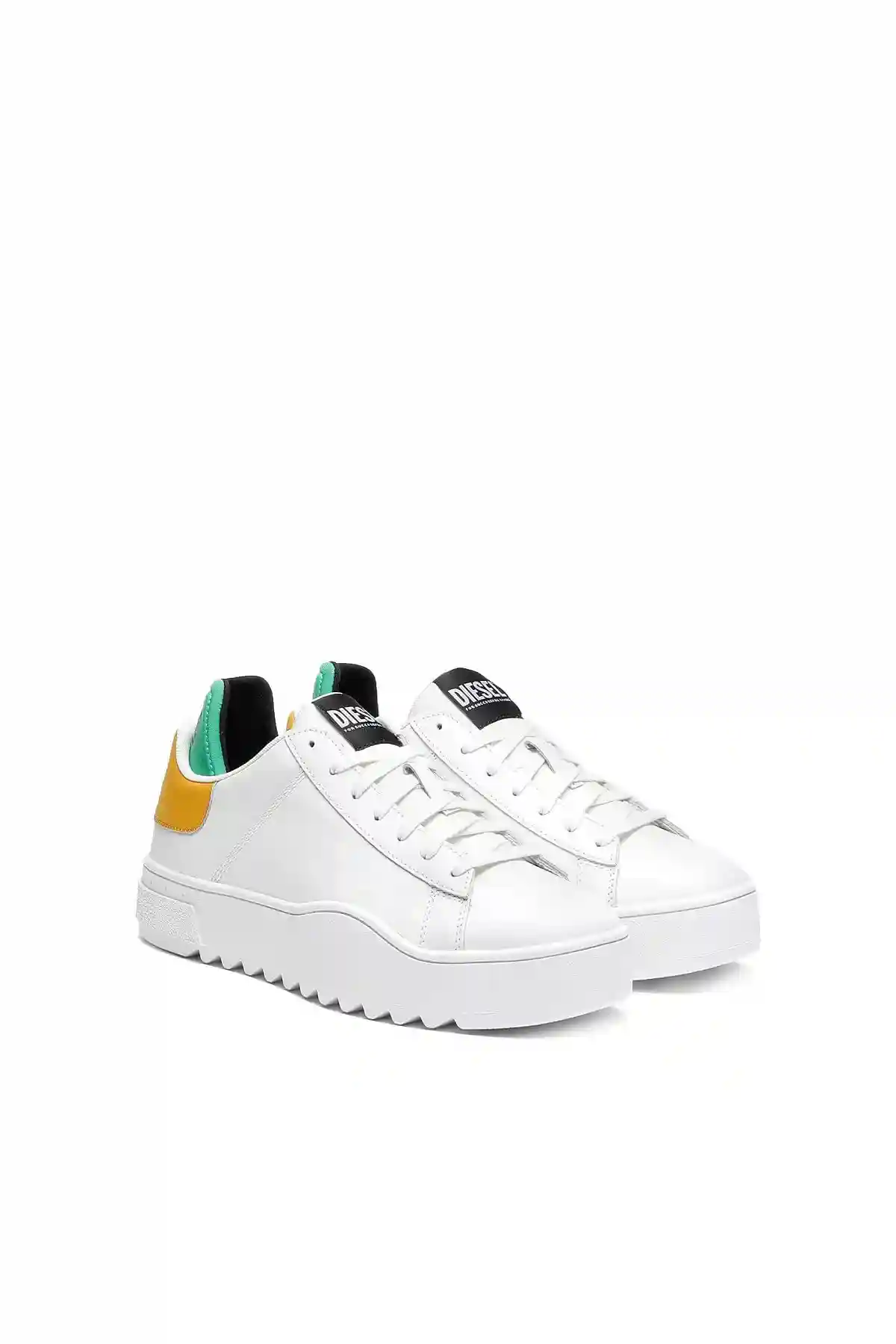 White and Yellow Leather sneakers with contrast trim