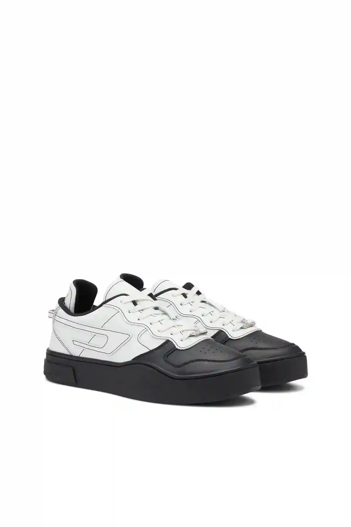 White and Black S-Ukiyo Low X-Sneakers with logo collar