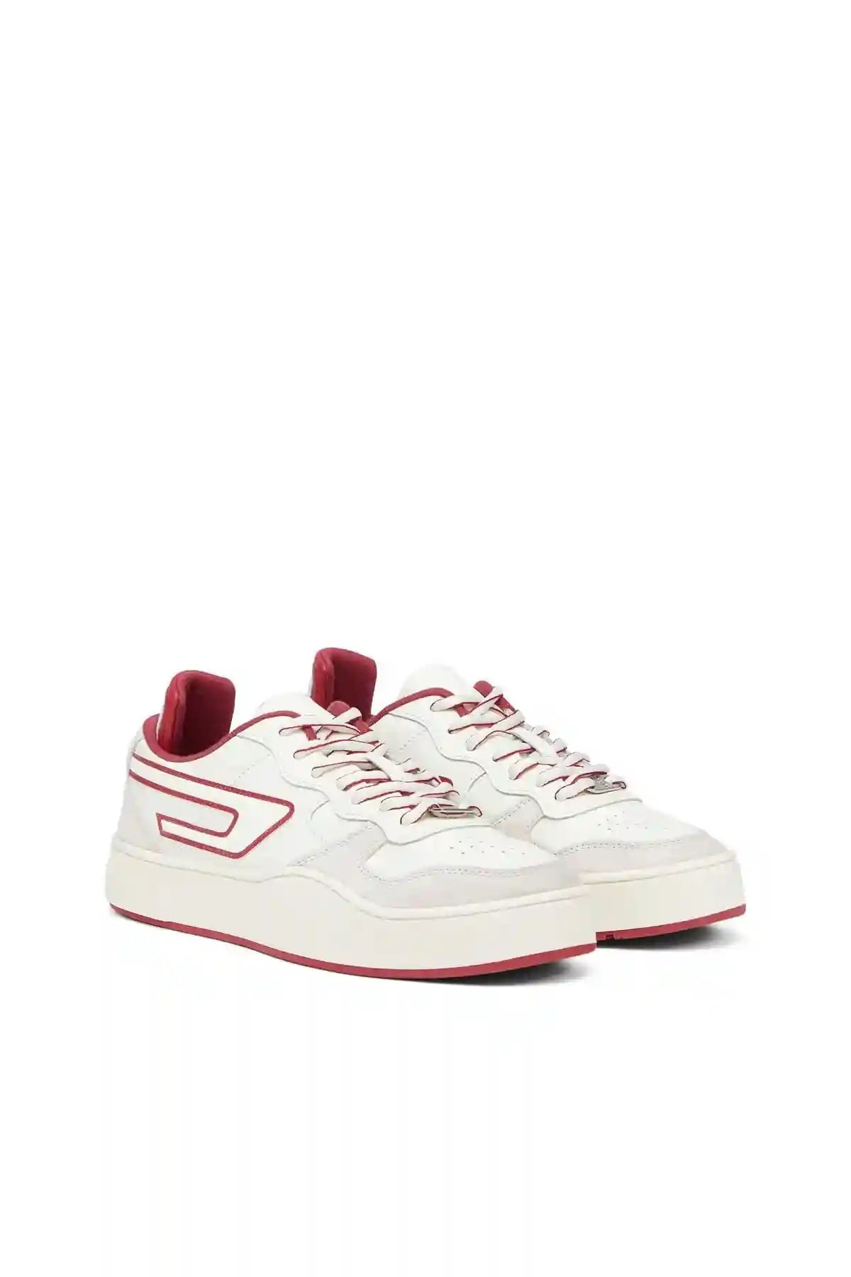 White and Red S-Ukiyo Low X-Sneakers in leather and suede