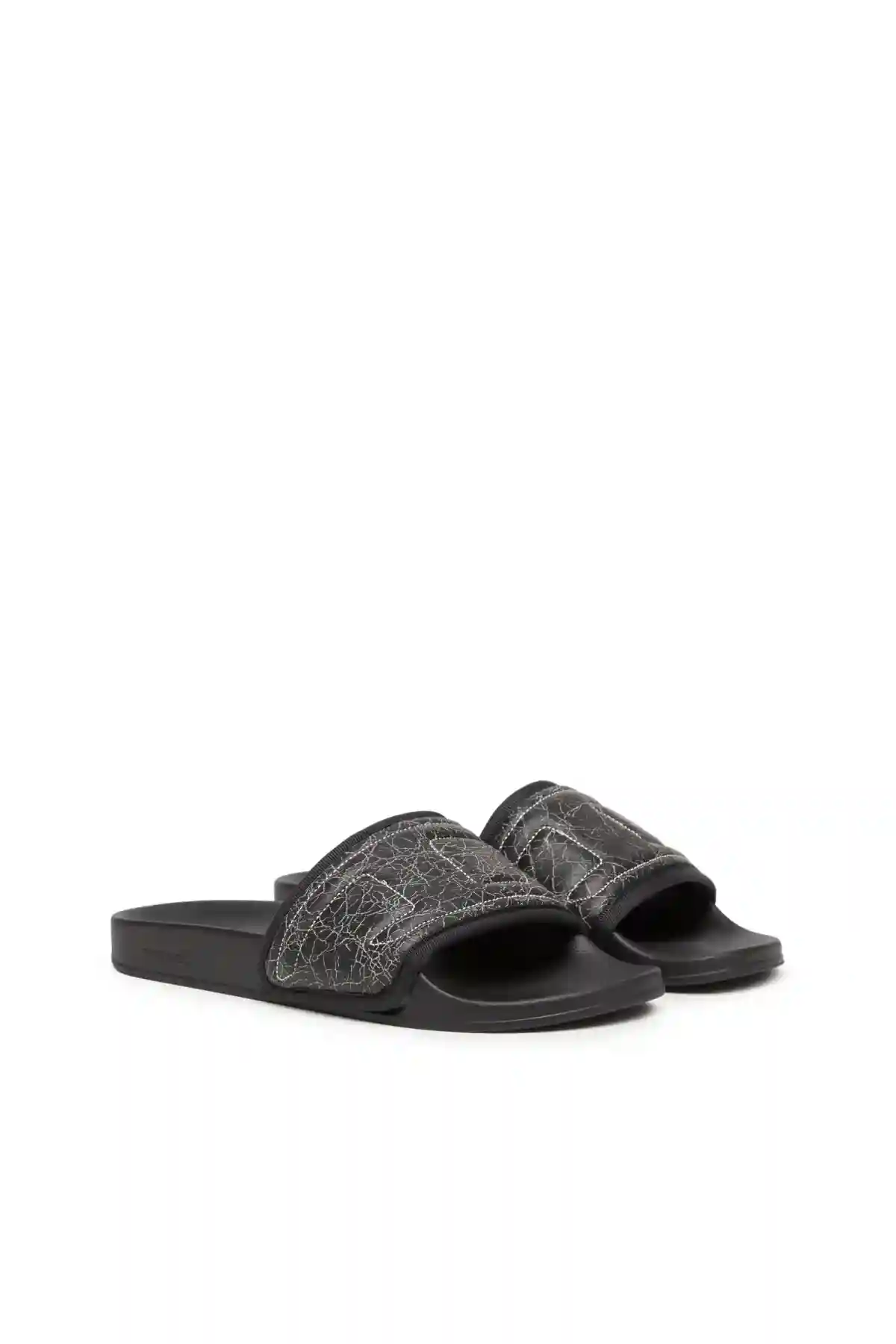Black Sa-Mayemi Puf X-Pool slides with cracked leather band