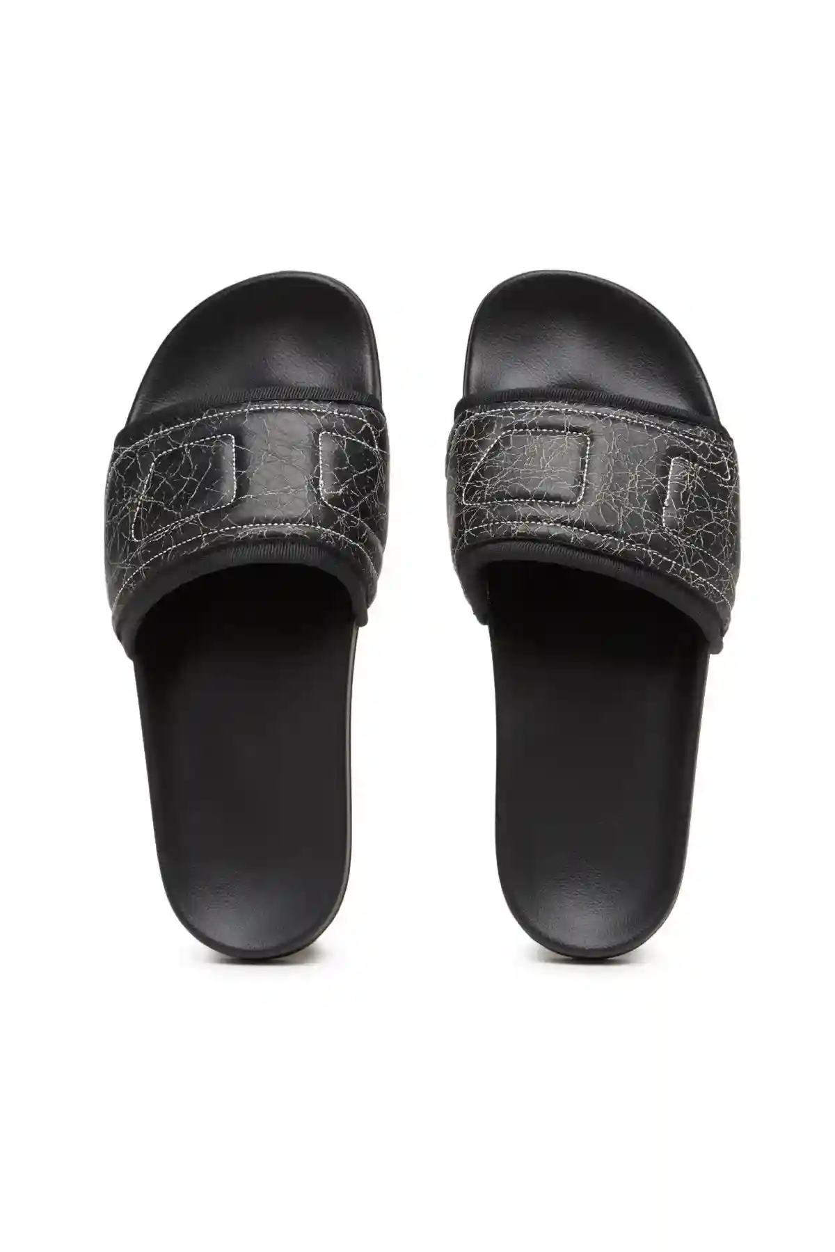 Black Sa-Mayemi Puf X-Pool slides with cracked leather band