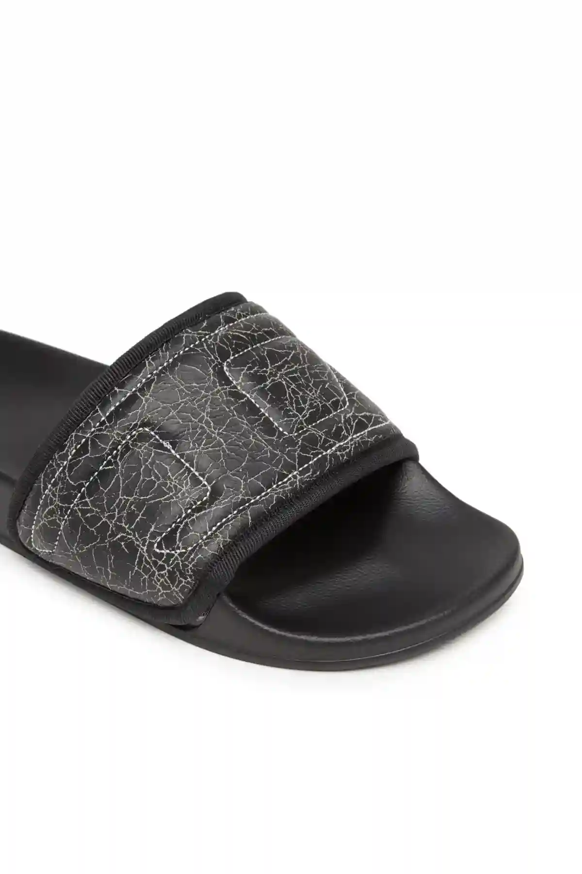 Black Sa-Mayemi Puf X-Pool slides with cracked leather band