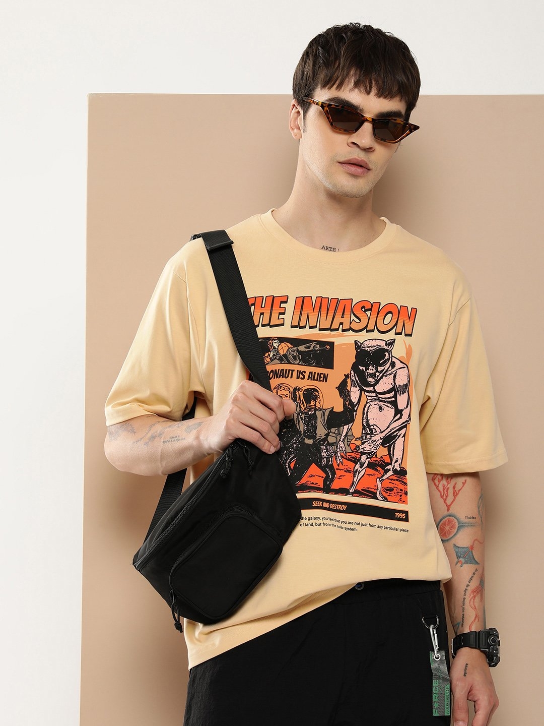 Difference of Opinion Beige Graphic Oversized T-Shirt