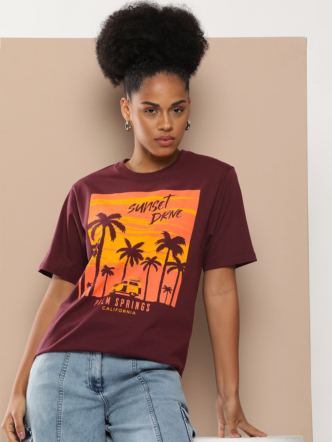 Difference of Opinion Maroon Graphic Oversized T-Shirt