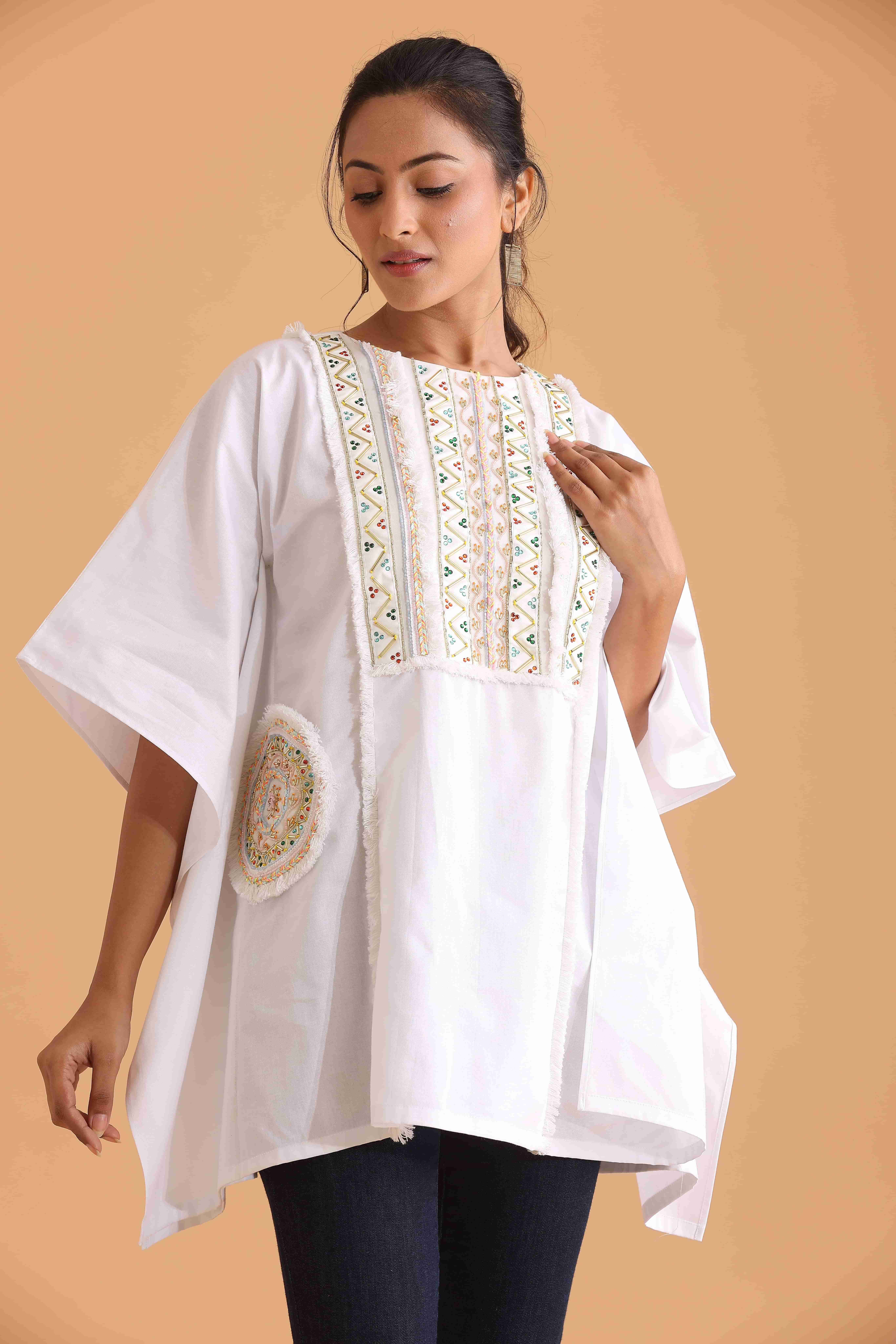 White Boxy Fit Tunic with Embroidery