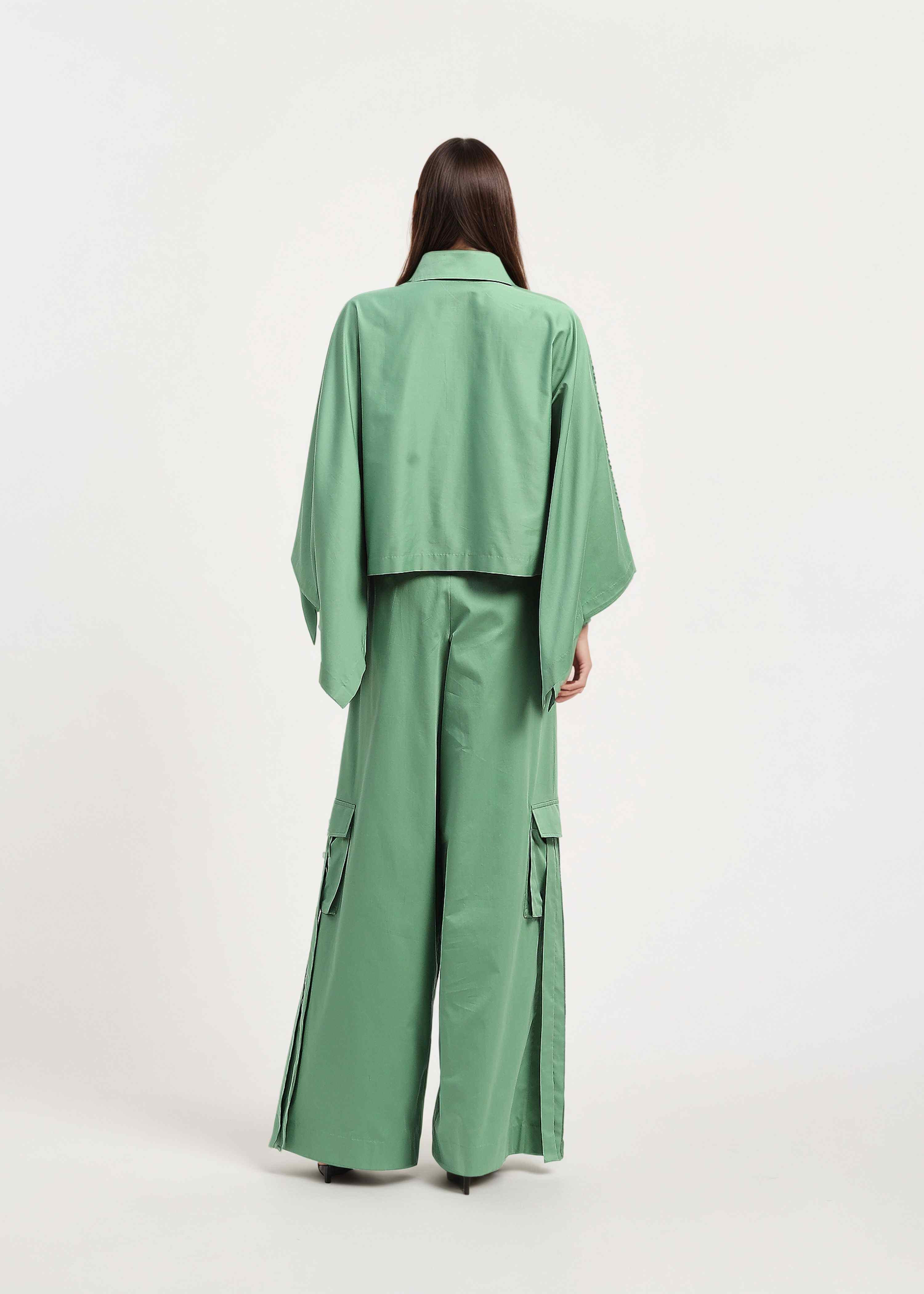 AKOK Green Cotton One shoulder Top and Trouser Co-ords