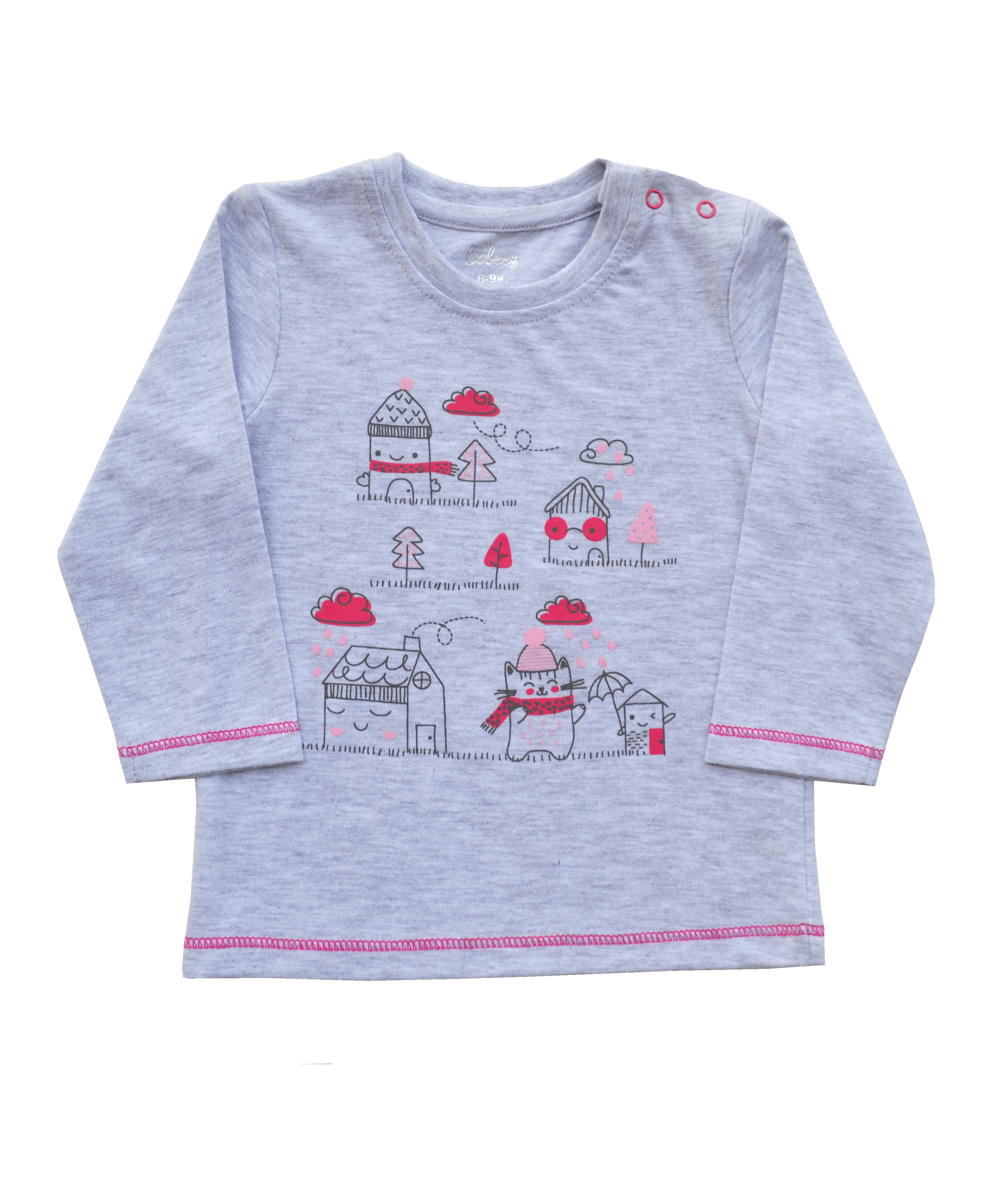 Pink House Print on Grey melange Long Sleeve T-Shirt (100% Cotton Single Jersey)