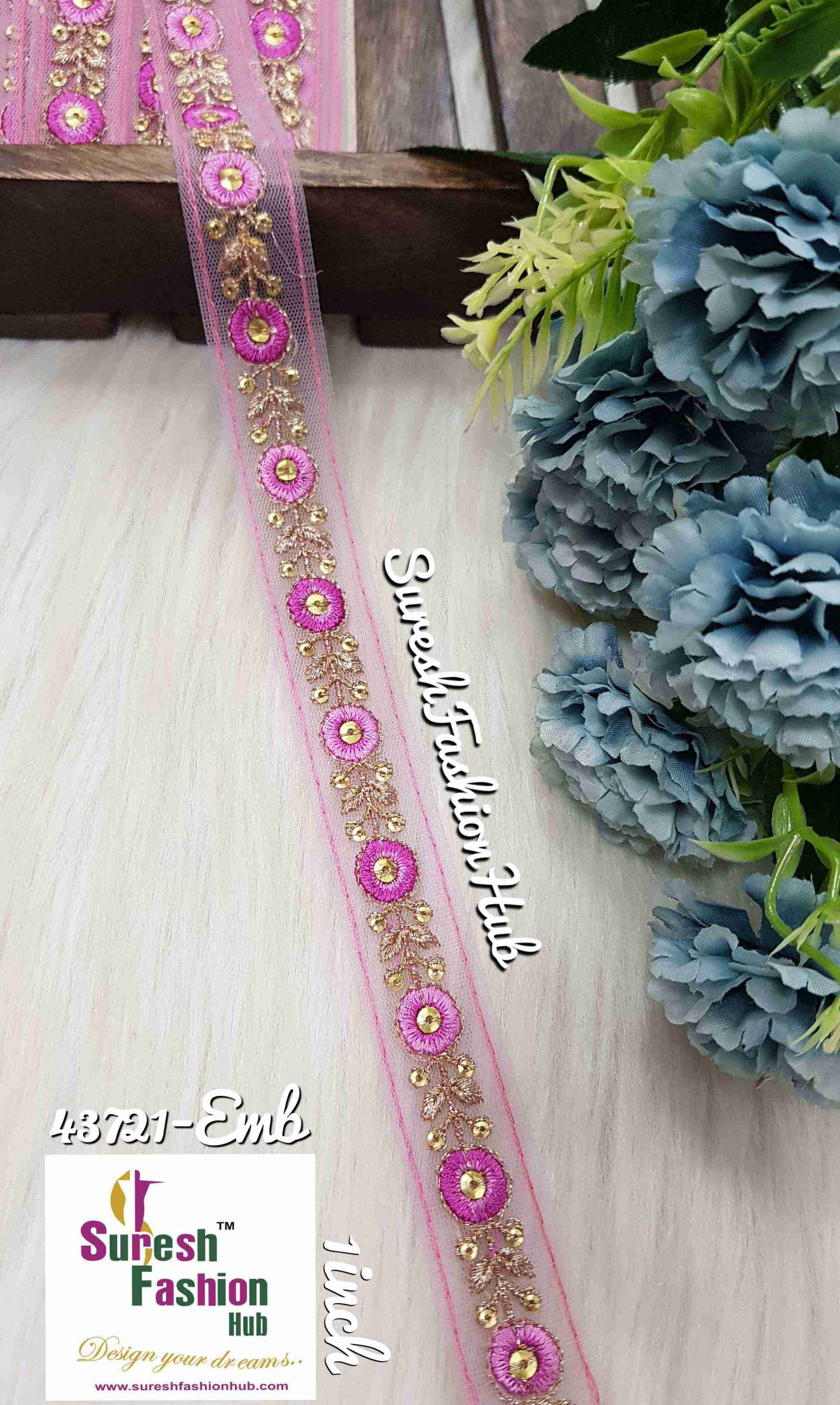 Pink Threaded  Petals with Zari Embroidered Trim