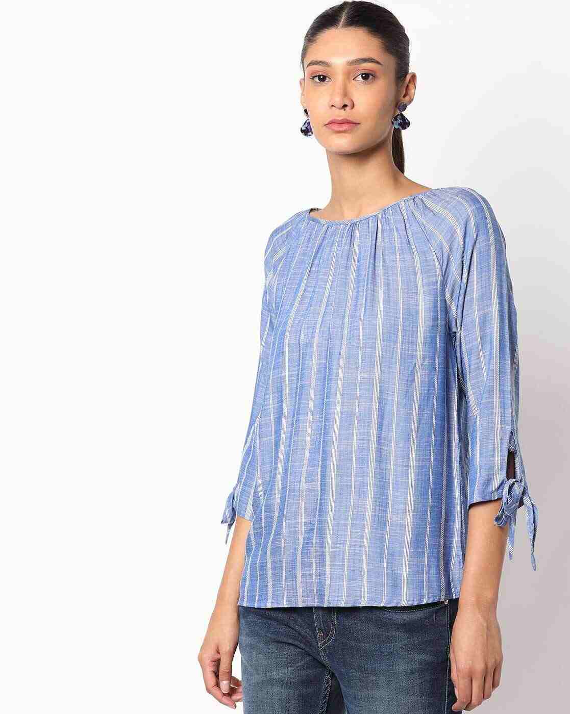 DNMX | Striped Top with Sleeve Tie-Ups|0