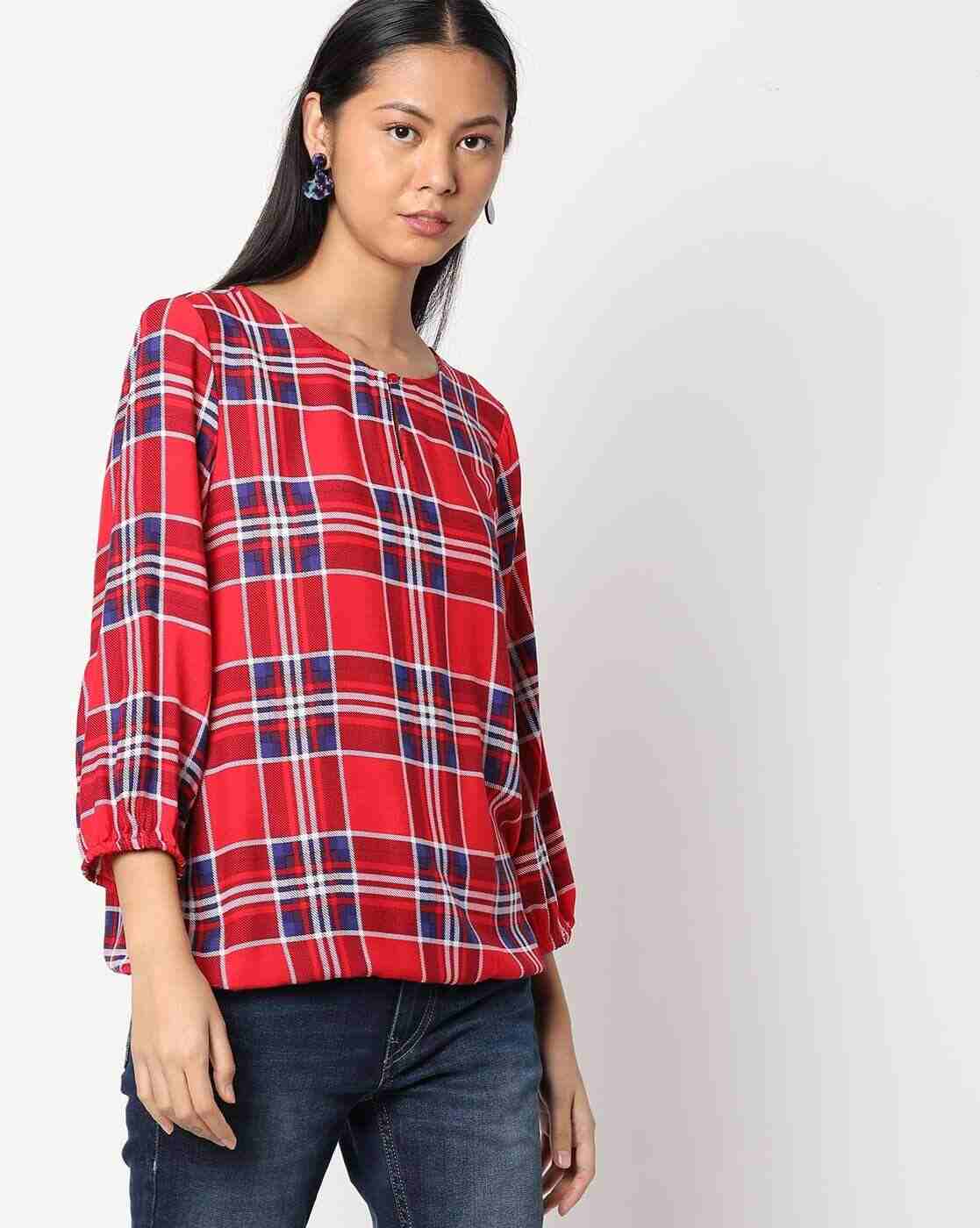 DNMX | Checked Round-Neck Top|0